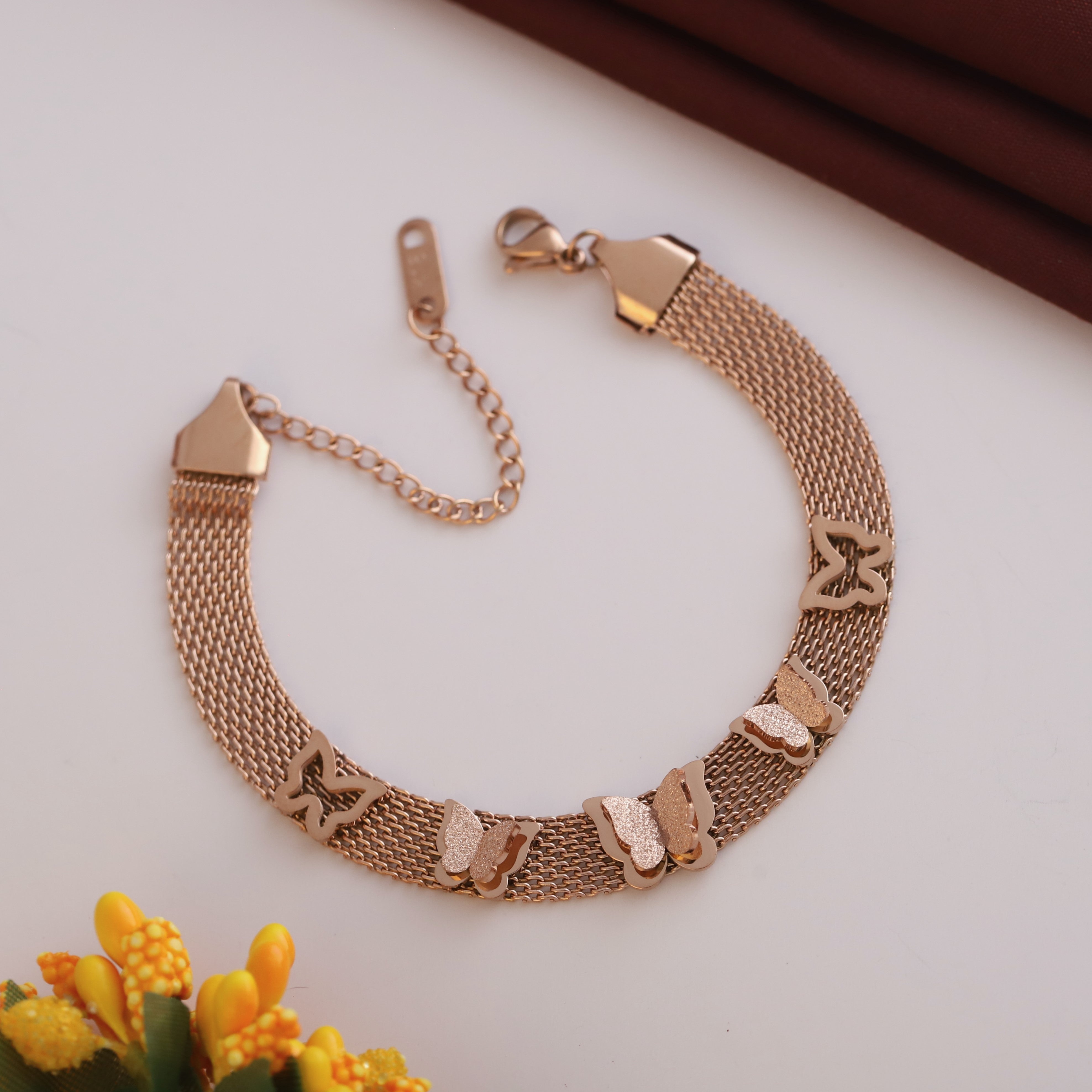 Butterfly Honey Comb Chain Bracelet Gold Plated – Single Layer, Anti-Tarnish, Waterproof (ROSE GOLD)