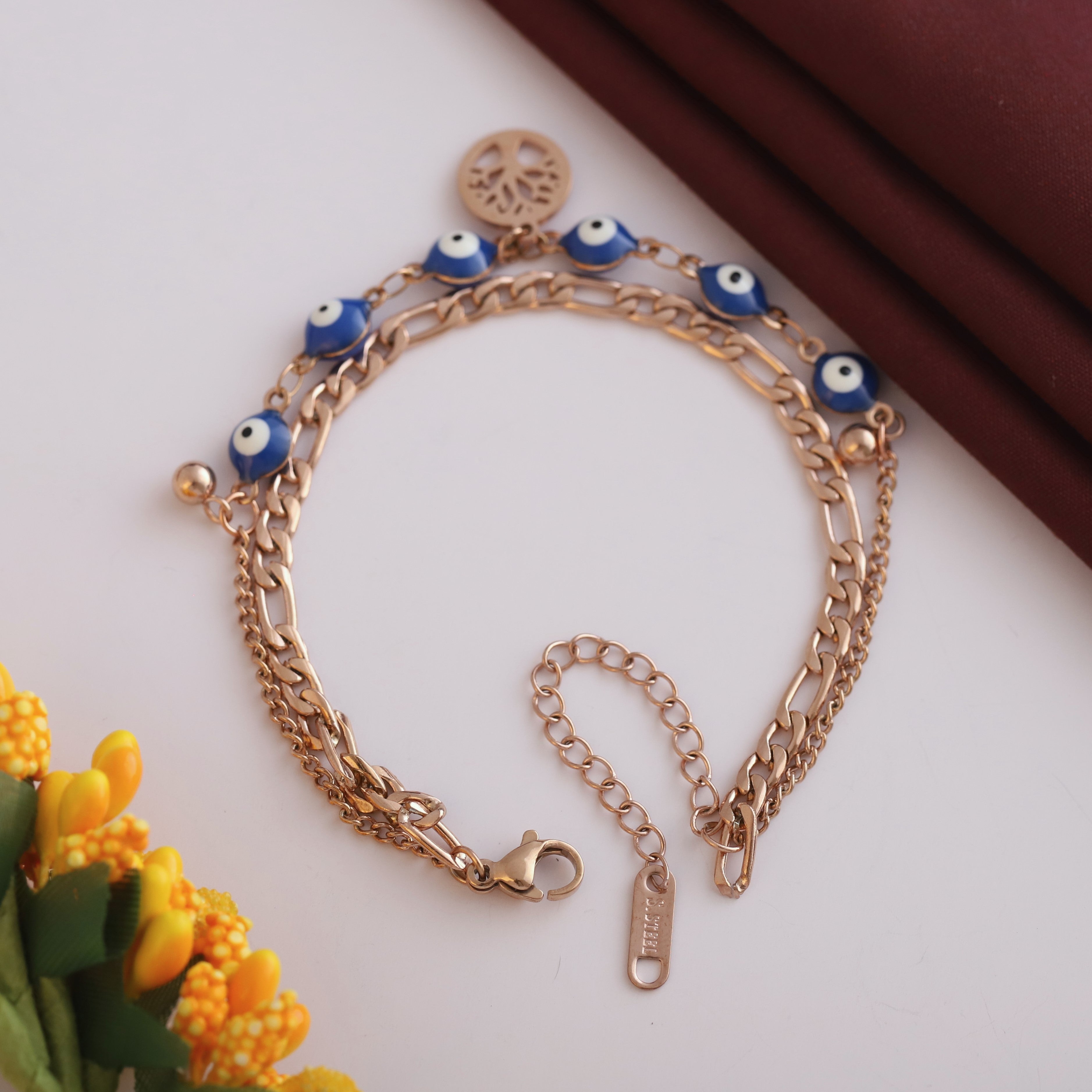 Life Tree & Evil Eye Chain Bracelet Gold Plated – Double Layer, Anti-Tarnish, Waterproof(ROSE GOLD)