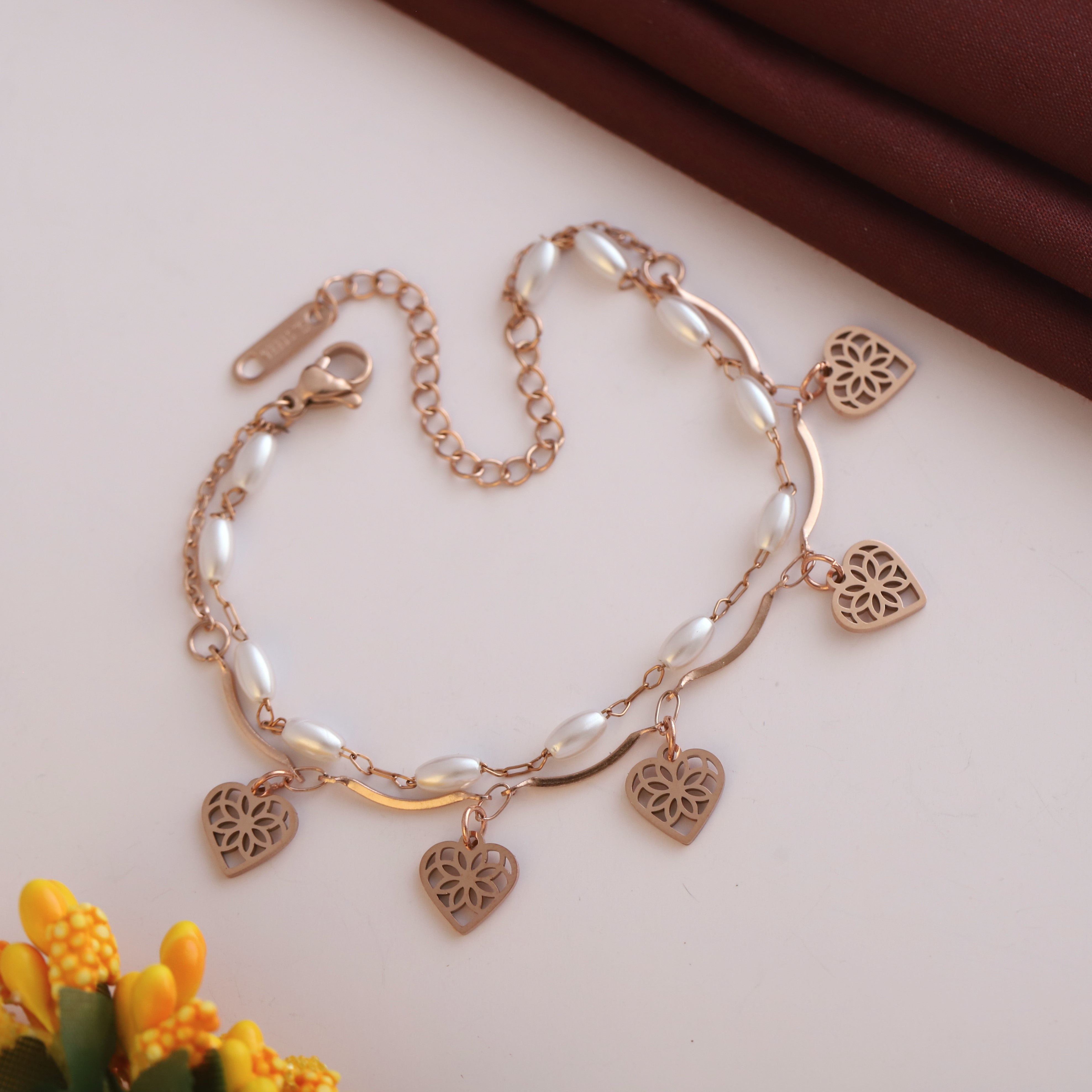 Heart Charm & Pearl Chain Bracelet Gold Plated – Double Layer, Anti-Tarnish, Waterproof, Minimalist Style (ROSE GOLD)