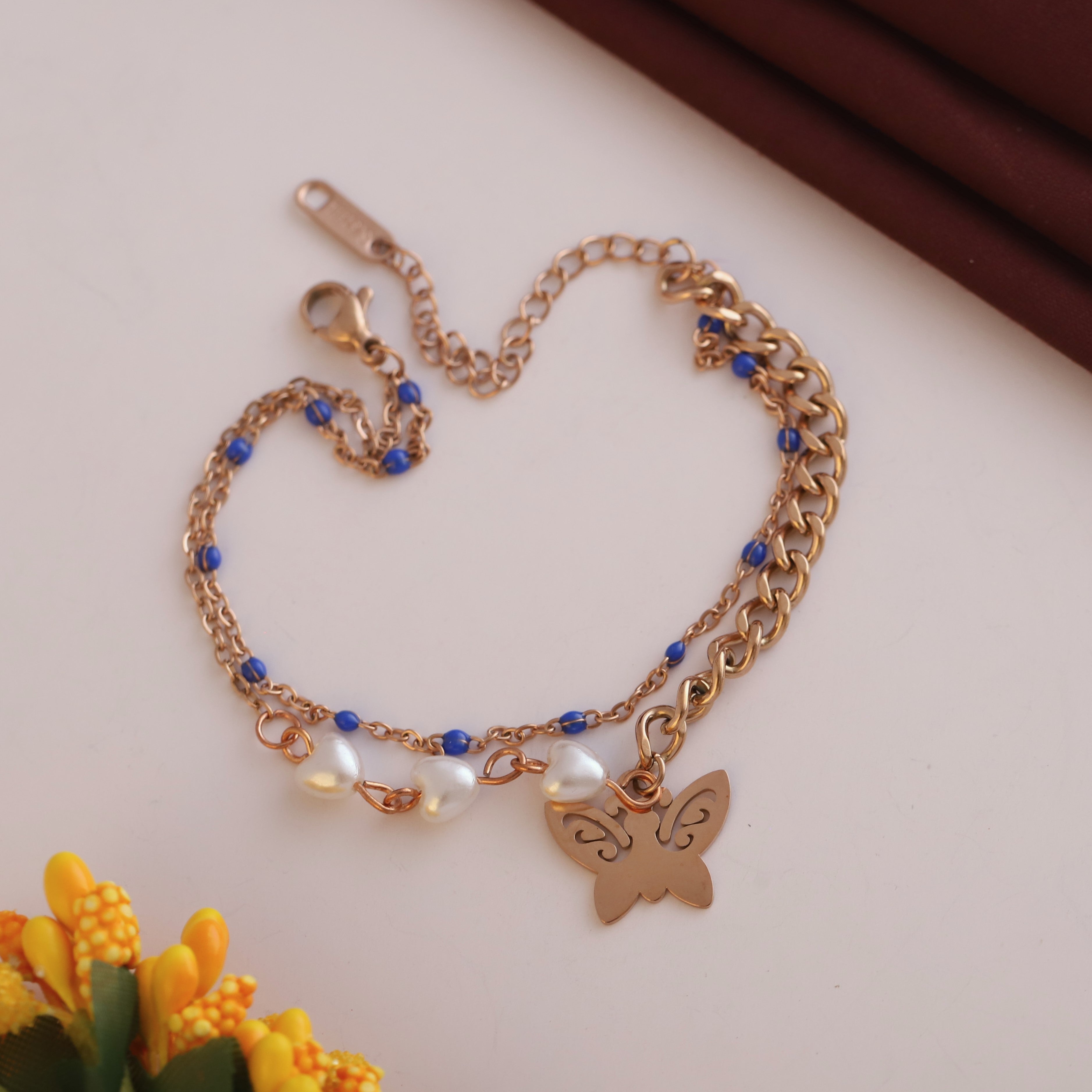 Butterfly Charm Chain Bracelet Gold Plated – Double Layer, Anti-Tarnish, Waterproof(ROSE GOLD)