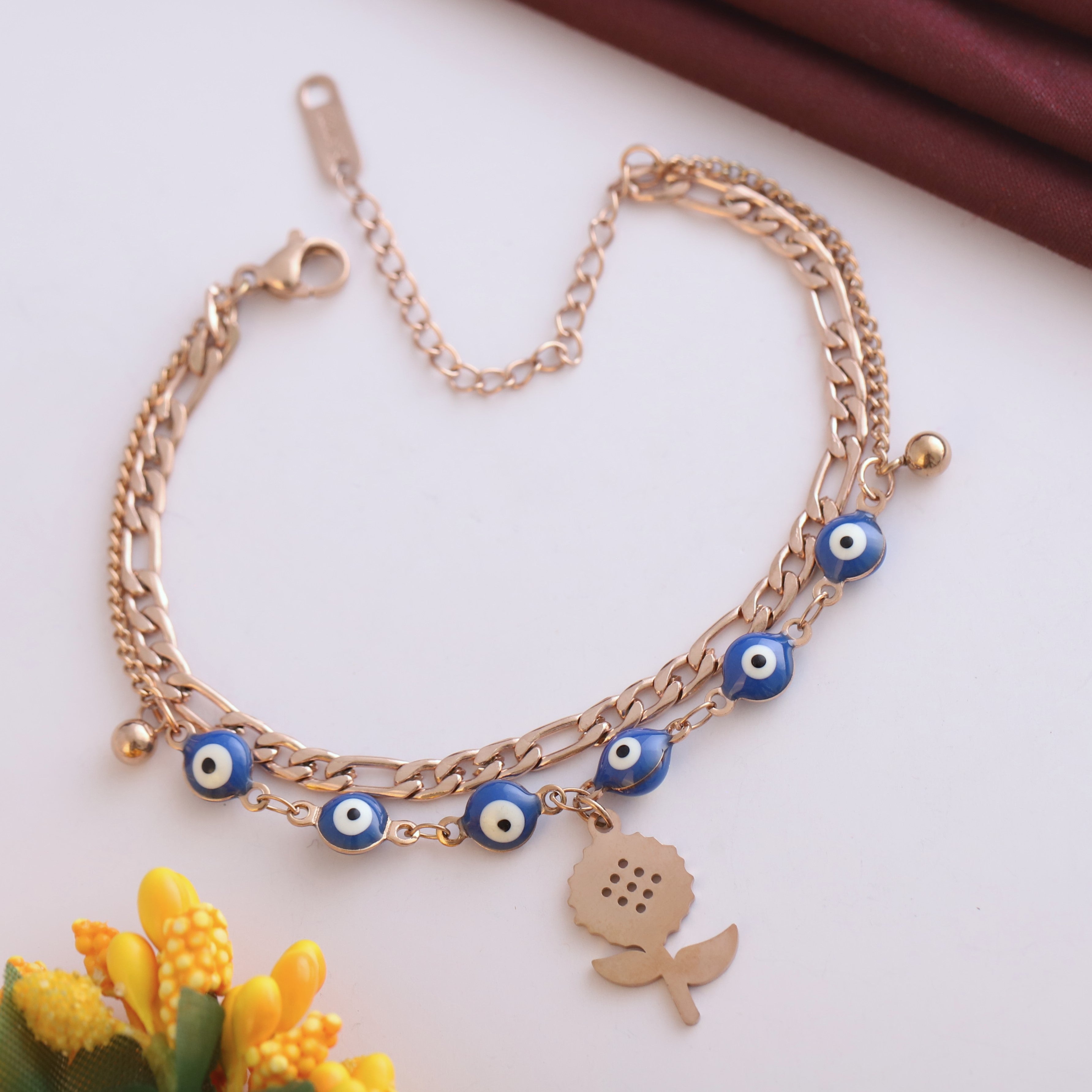 Flower Charm Chain Bracelet Gold Plated – Double Layer, Anti-Tarnish, Waterproof(ROSE GOLD)