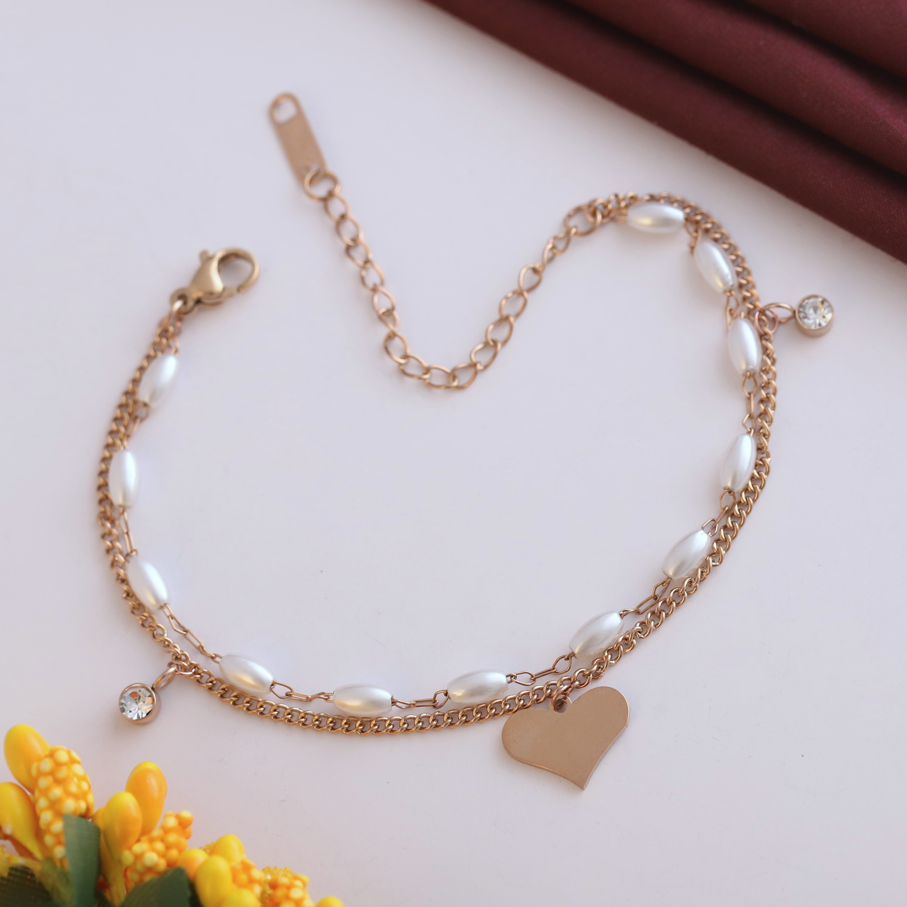 Butterfly Charm & Pearl Chain Bracelet Gold Plated – Double Layer, Anti-Tarnish, Waterproof, Minimalist Style (ROSE GOLD)