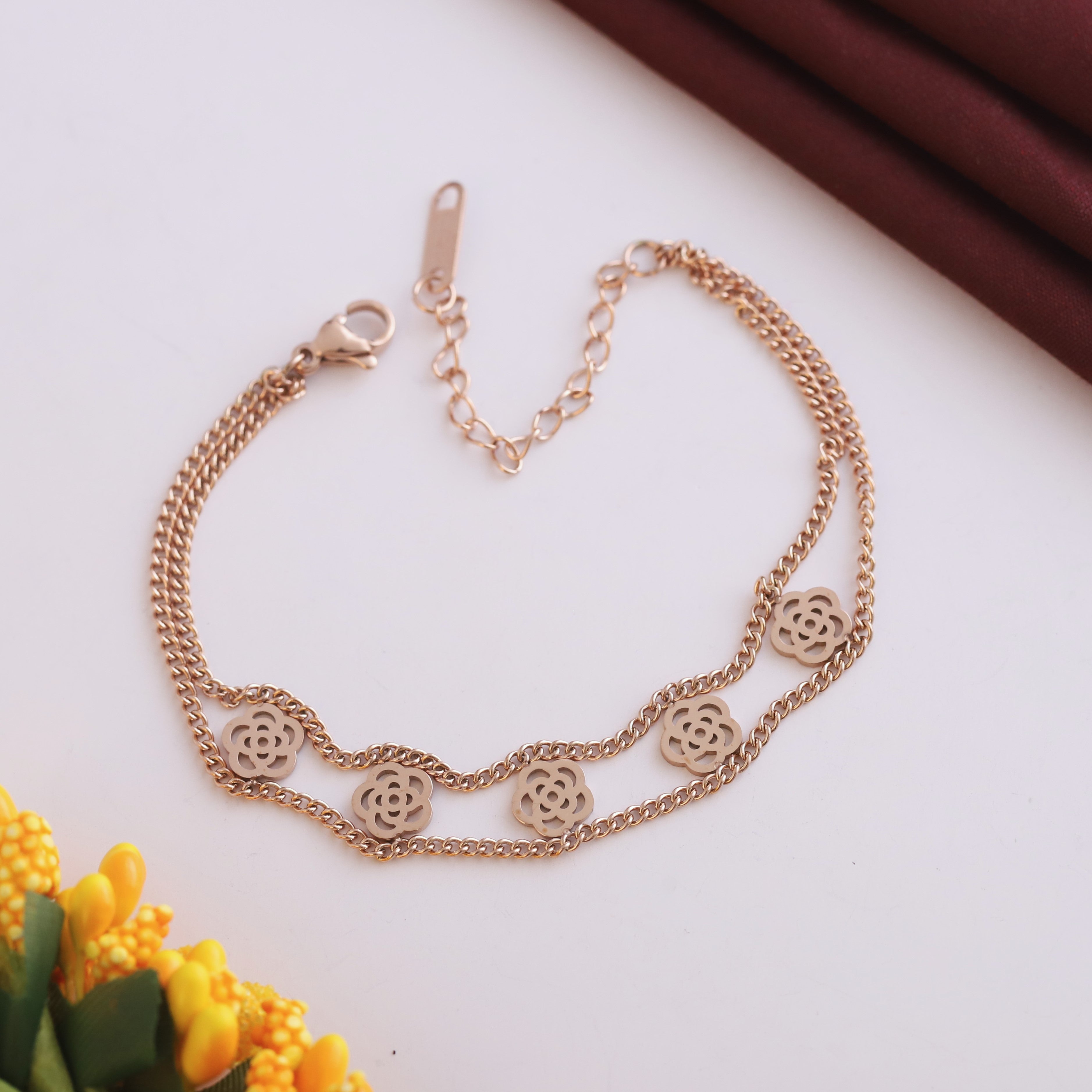 Rose Charms Chain Bracelet Gold Plated – Double Layer, Anti-Tarnish, Waterproof (ROSE GOLD)