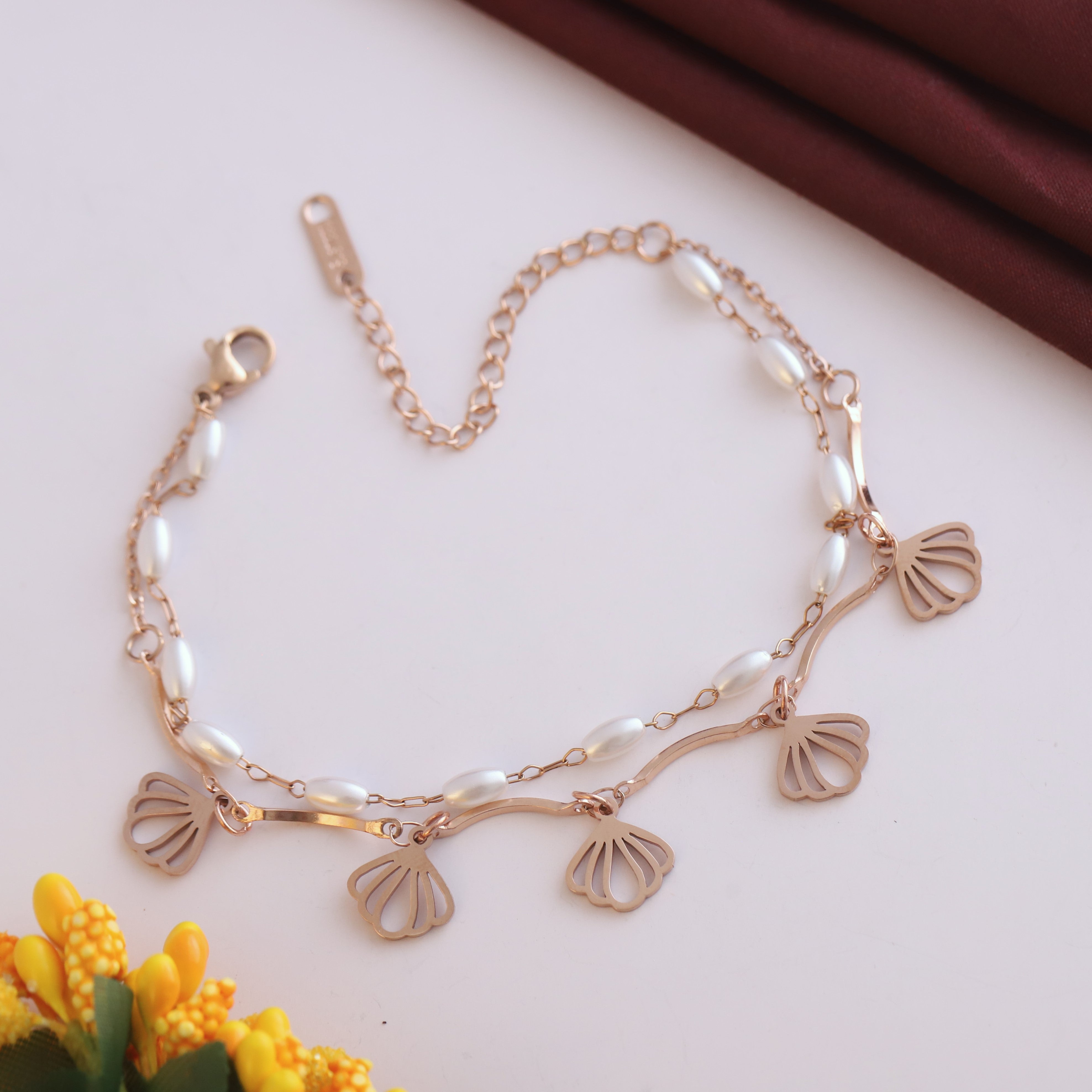 Shell Charms & Pearl Chain Bracelet Gold Plated – Double Layer, Anti-Tarnish, Waterproof, Minimalist Style (ROSE GOLD)