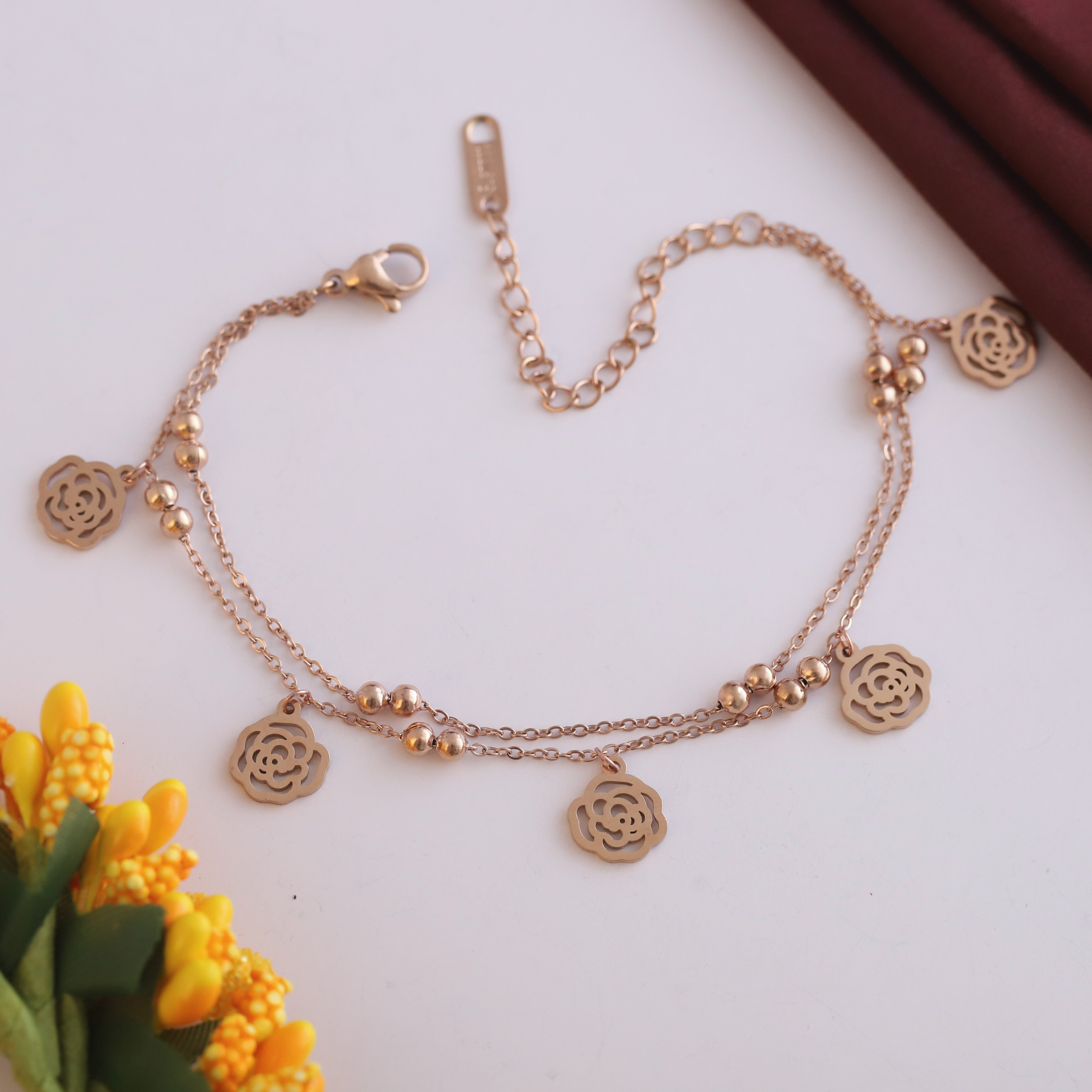 Rose Charms & Pearl Chain Bracelet Gold Plated – Double Layer, Anti-Tarnish, Waterproof, Minimalist Style (ROSE GOLD)