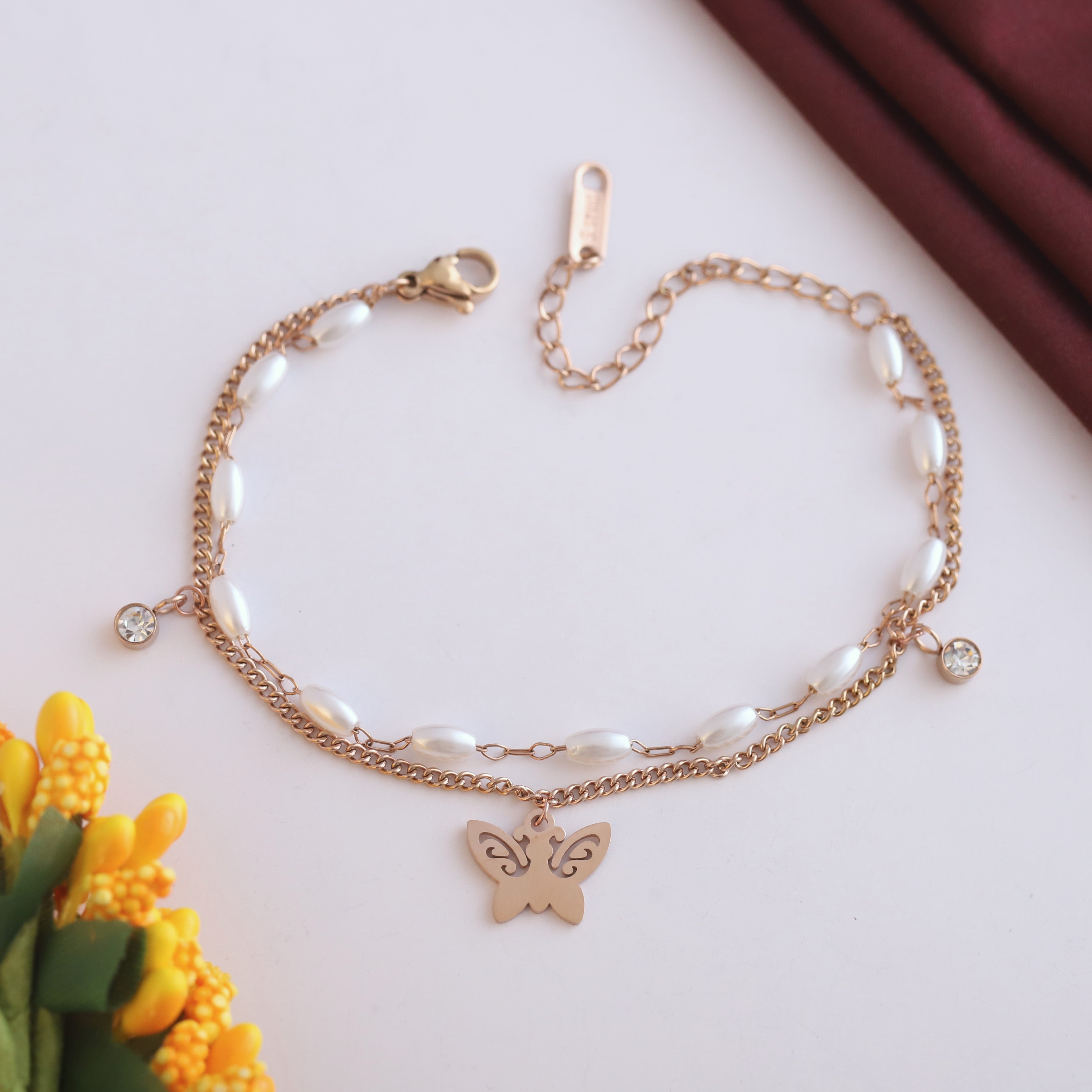 Butterfly Charm & Pearl Chain Bracelet Gold Plated – Double Layer, Anti-Tarnish, Waterproof, Minimalist Style (ROSE GOLD)