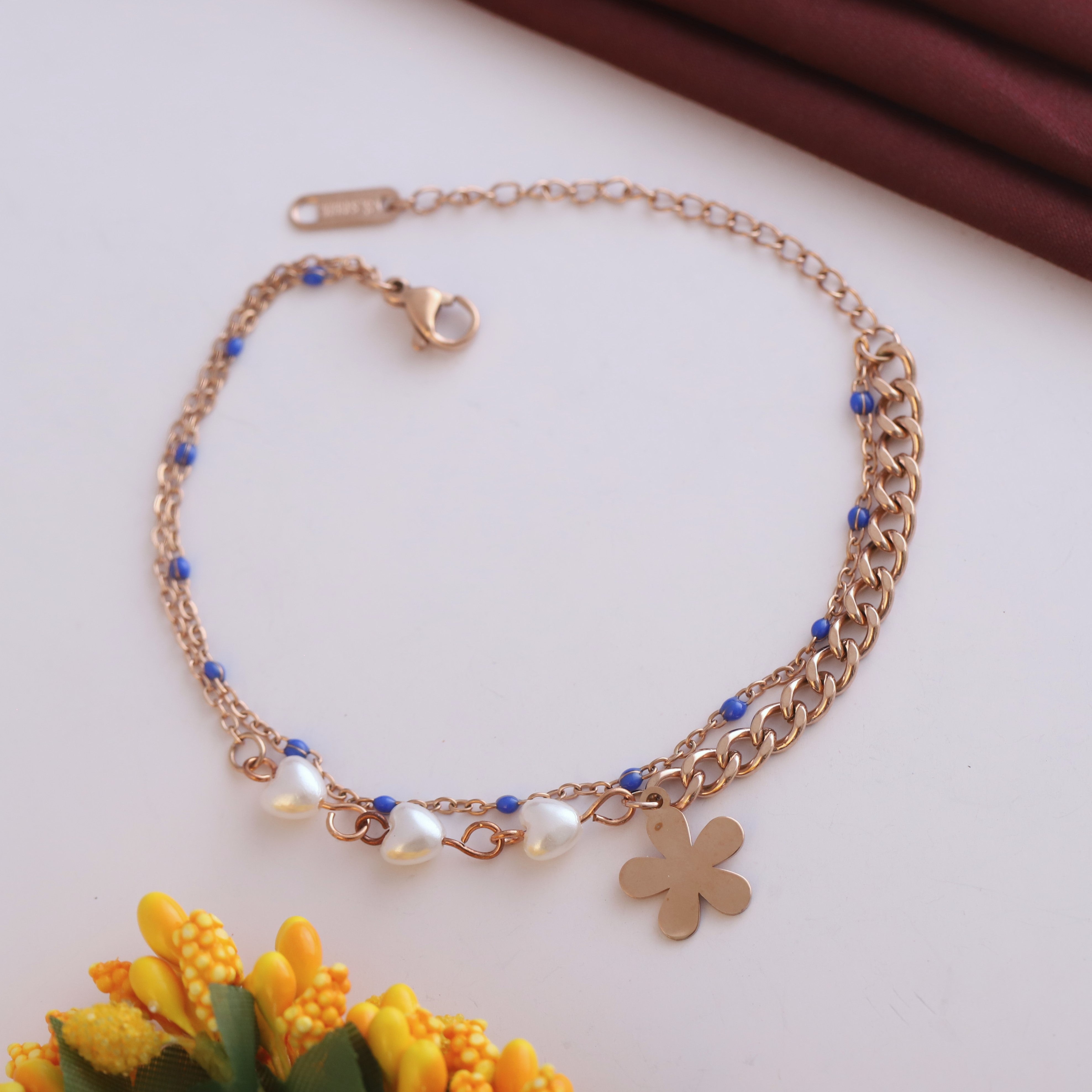 Flower Charm Chain Bracelet Gold Plated – Double Layer, Anti-Tarnish, Waterproof(ROSE GOLD)