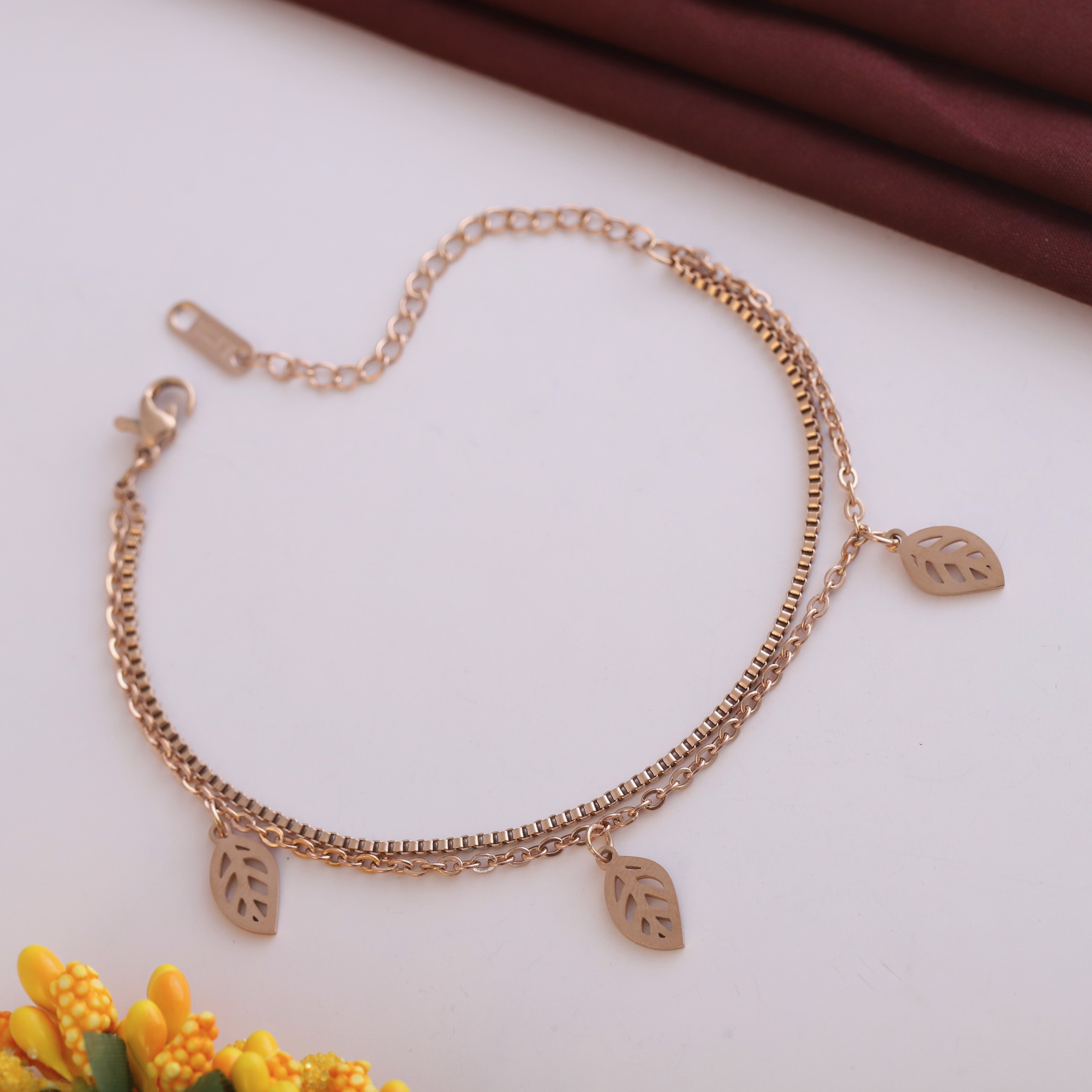 Leaf Charm Chain Bracelet Gold Plated – Double Layer, Anti-Tarnish, Waterproof, Minimalist Style (ROSE GOLD)