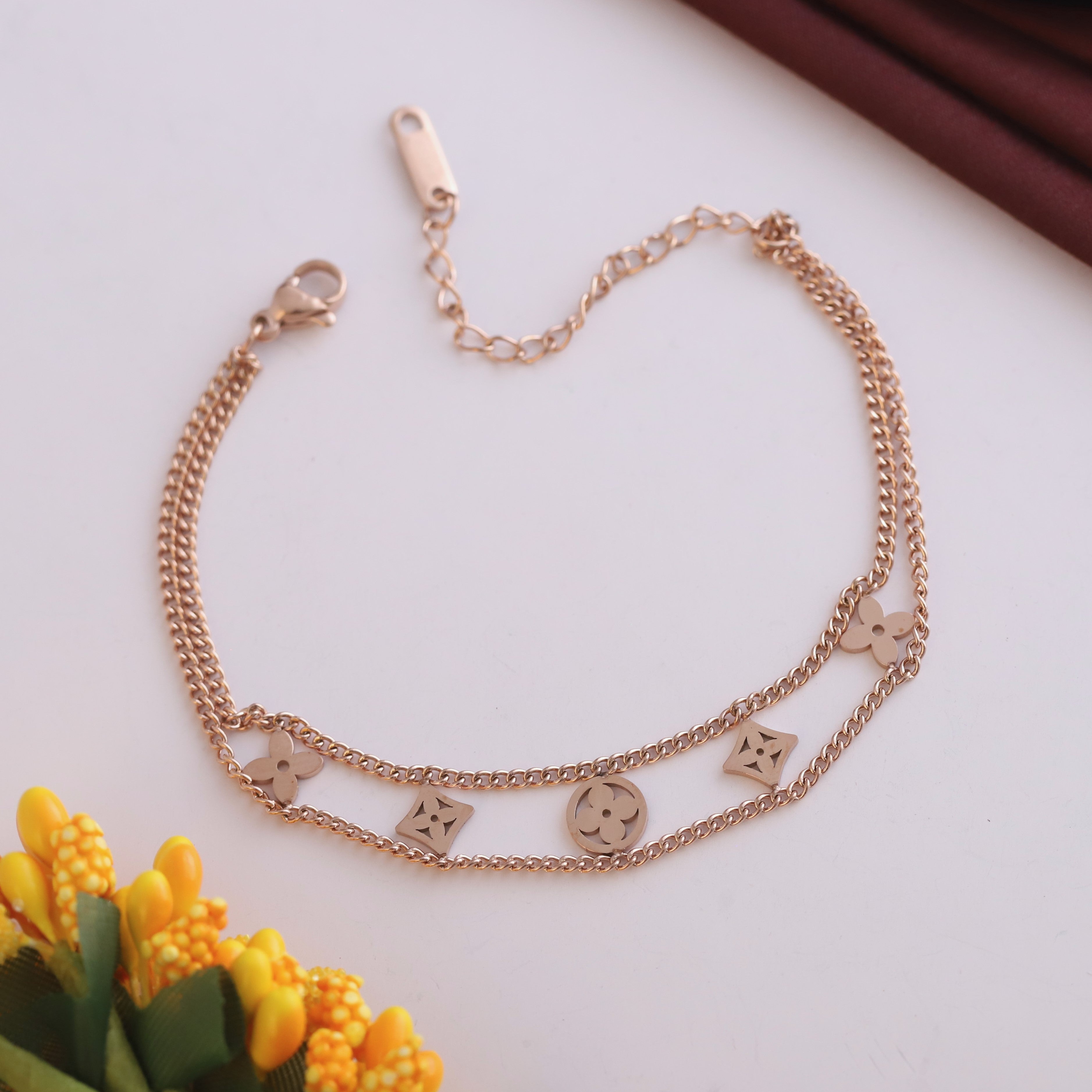 Flower Charms Chain Bracelet Gold Plated – Double Layer, Anti-Tarnish, Waterproof (ROSE GOLD)