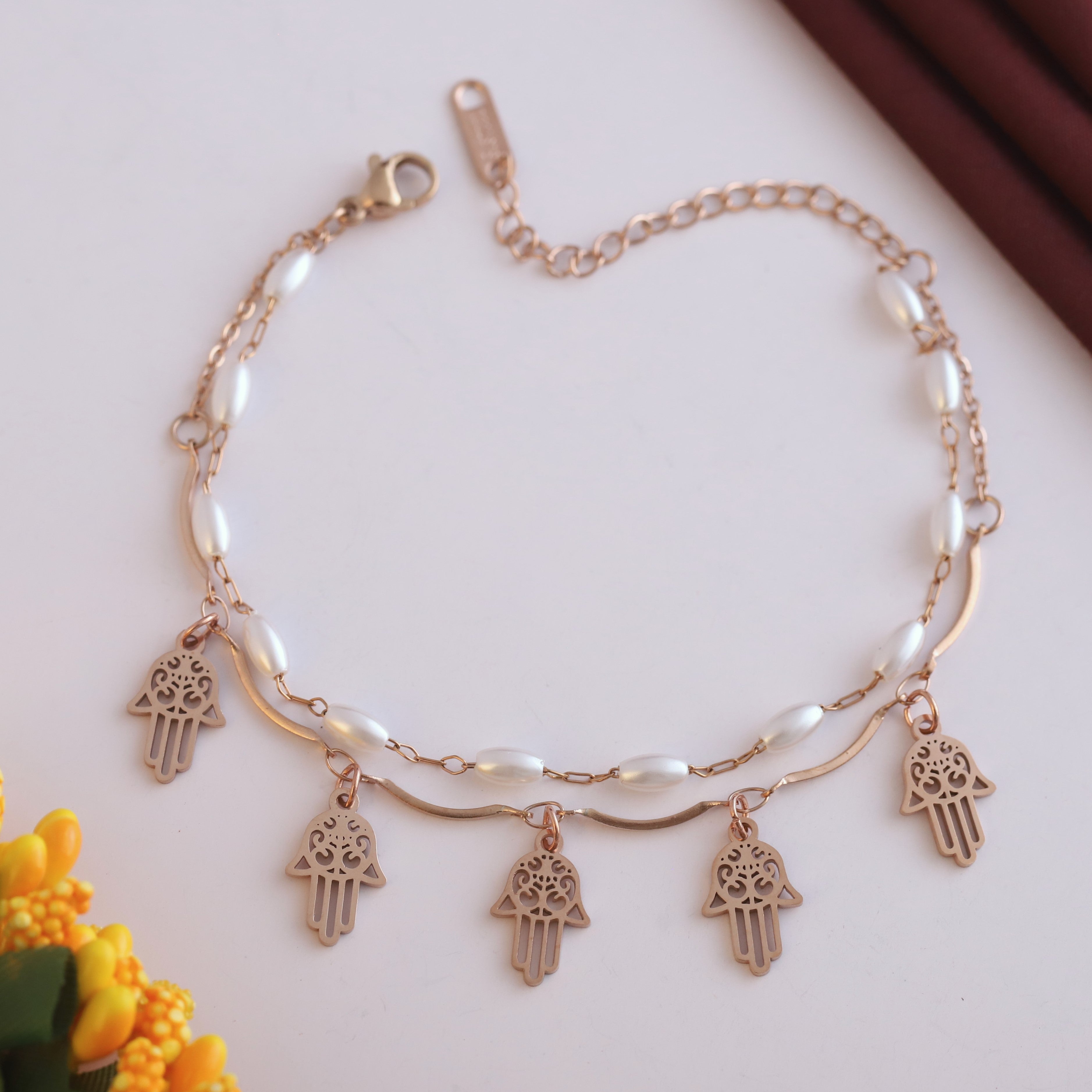 Hamza Charms & Pearl Chain Bracelet Gold Plated – Double Layer, Anti-Tarnish, Waterproof, Minimalist Style (ROSE GOLD)