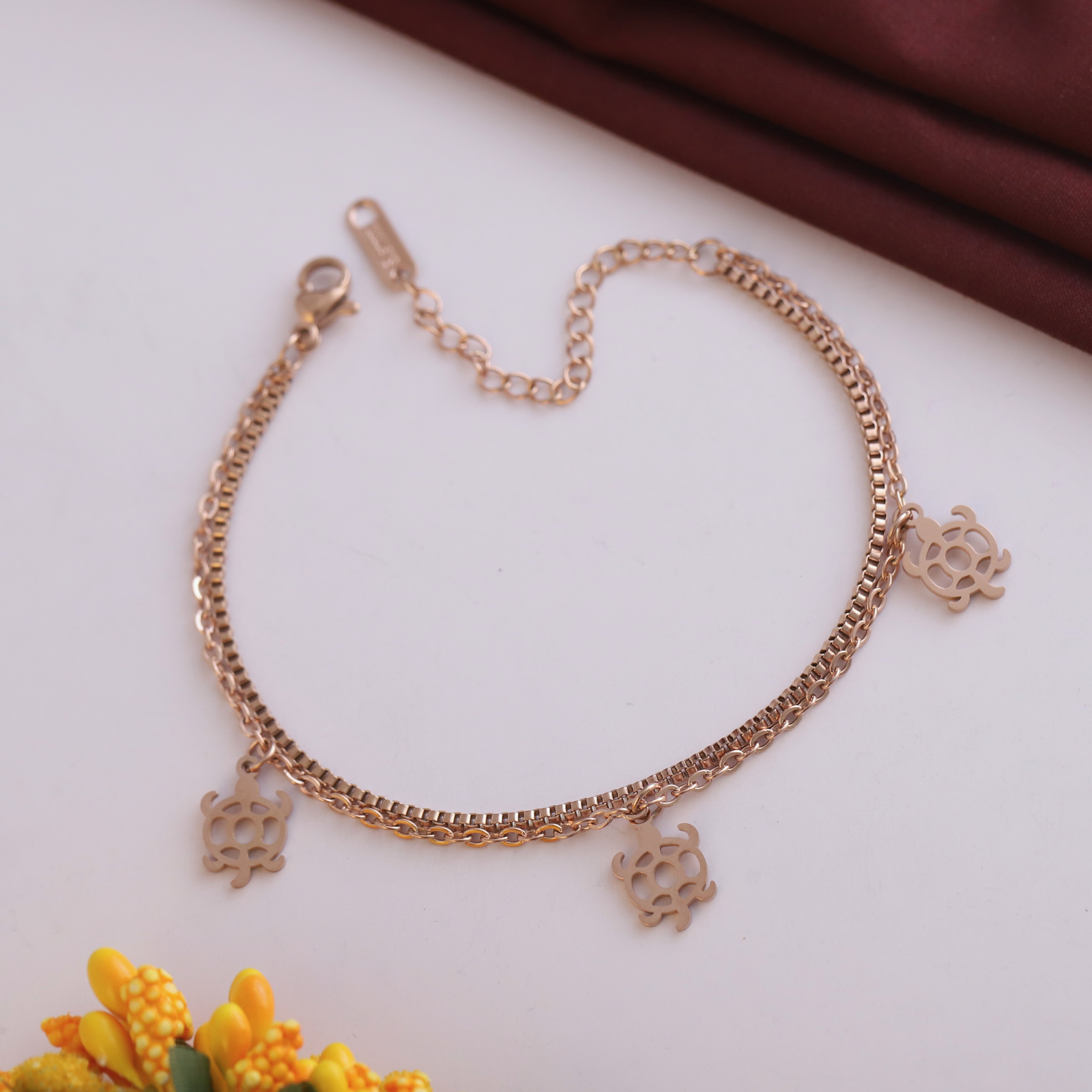 Turtle Charms Chain Bracelet Gold Plated – Double Layer, Anti-Tarnish, Waterproof, Minimalist Style (ROSE GOLD)