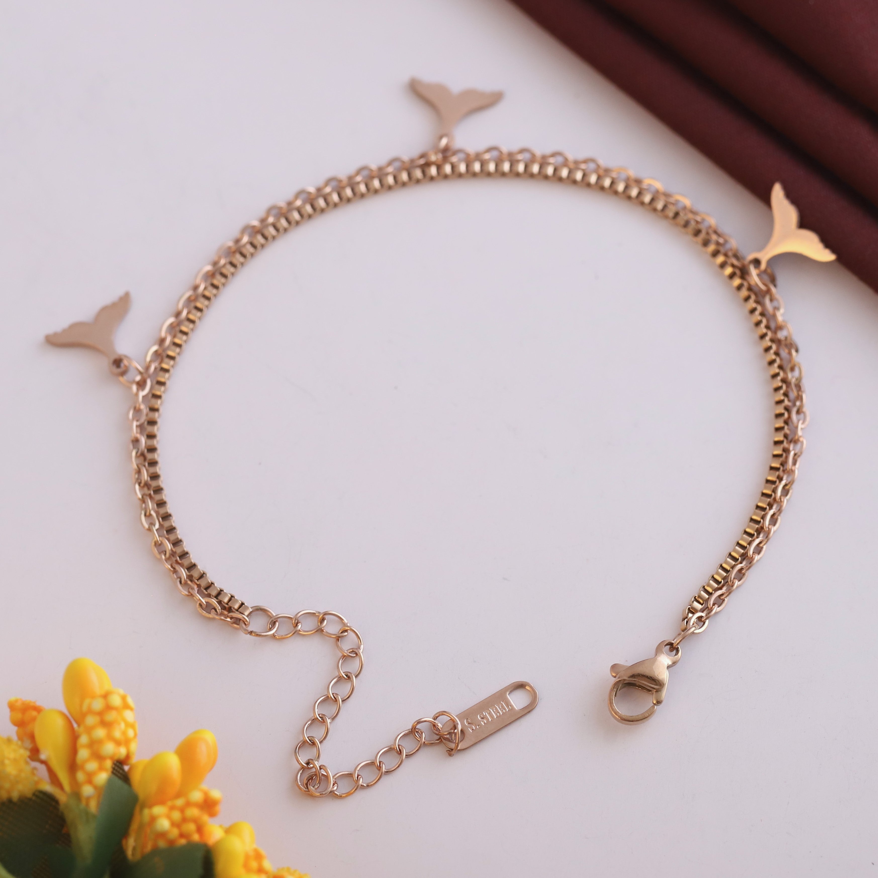 Fish Wings Charm & Pearl Chain Bracelet Gold Plated – Double Layer, Anti-Tarnish, Waterproof, Minimalist Style (ROSE GOLD)