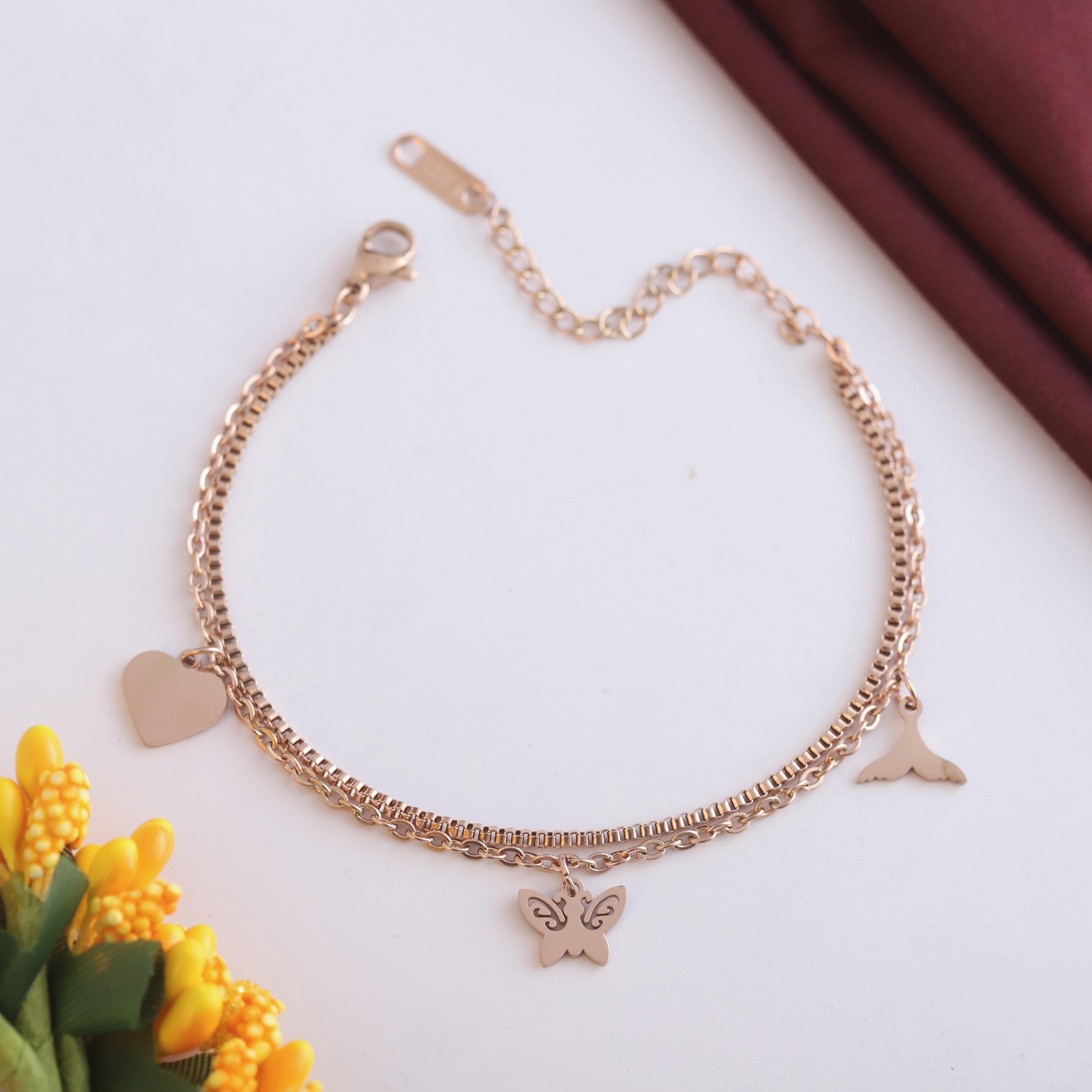 Butterfly & Heart Charms & Pearl Chain Bracelet Gold Plated – Double Layer, Anti-Tarnish, Waterproof, Minimalist Style (ROSE GOLD)