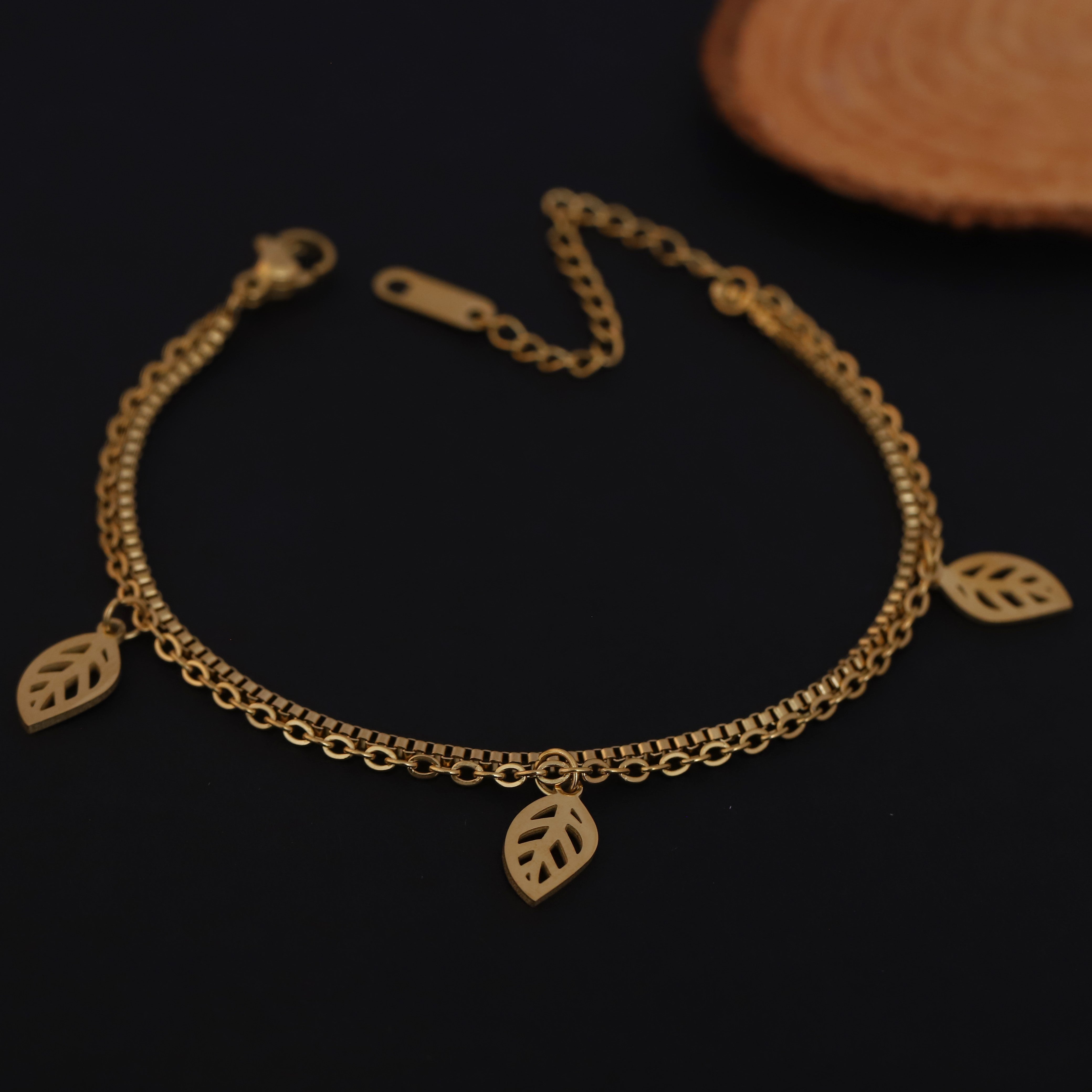 Leaf Charm Chain Bracelet Gold Plated – Double Layer, Anti-Tarnish, Waterproof, Minimalist Style (GOLD)