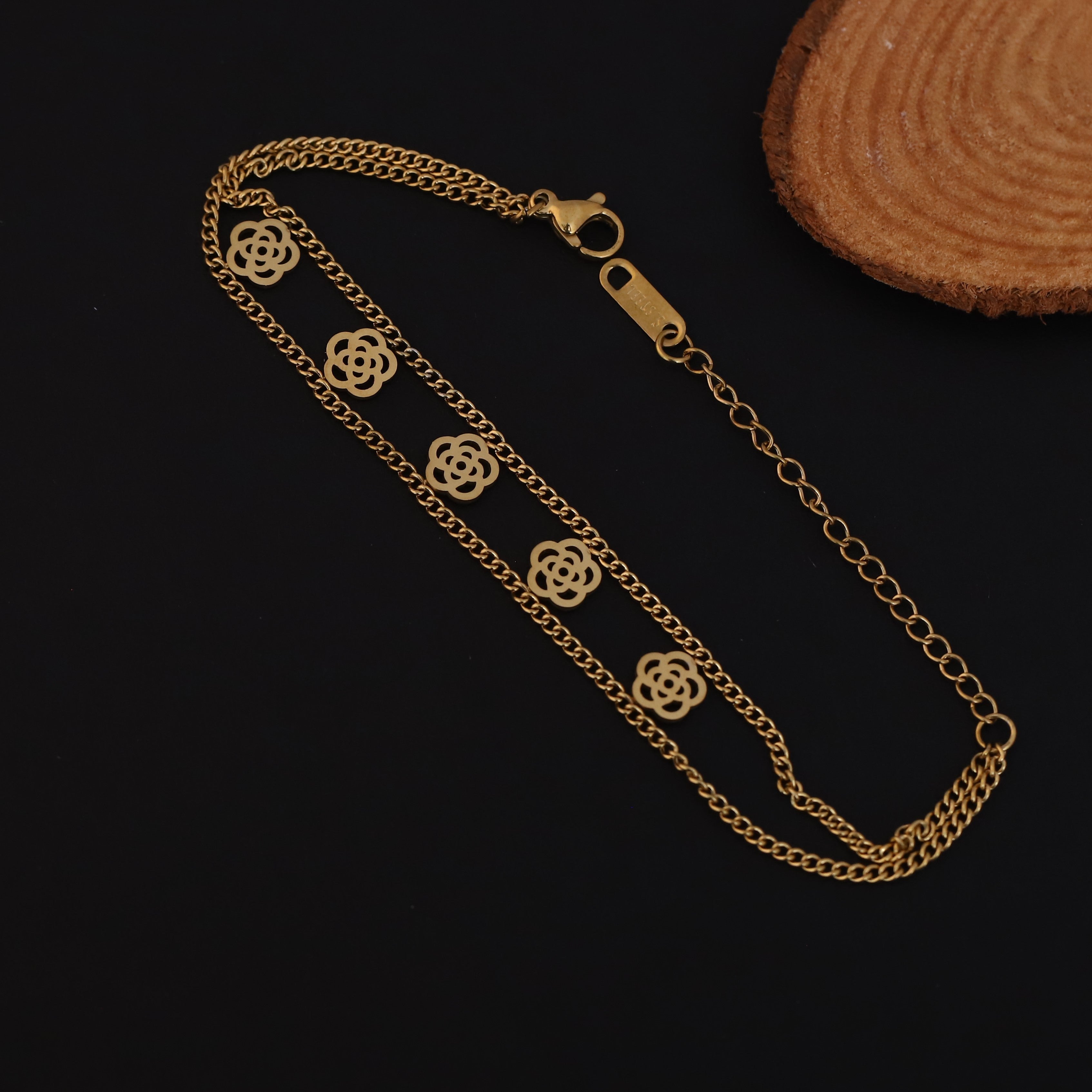Rose Charms Chain Bracelet Gold Plated – Double Layer, Anti-Tarnish, Waterproof (GOLD)