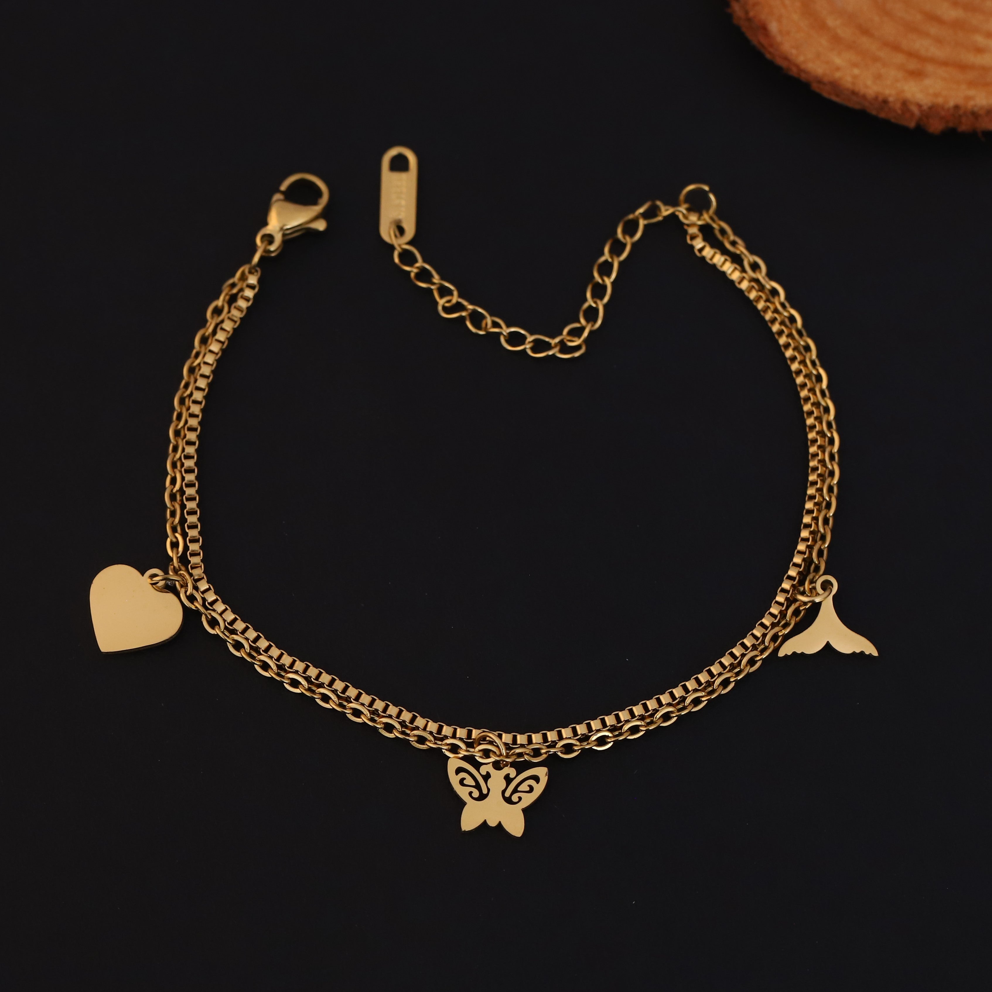 Butterfly & Heart Charms & Pearl Chain Bracelet Gold Plated – Double Layer, Anti-Tarnish, Waterproof, Minimalist Style (GOLD)