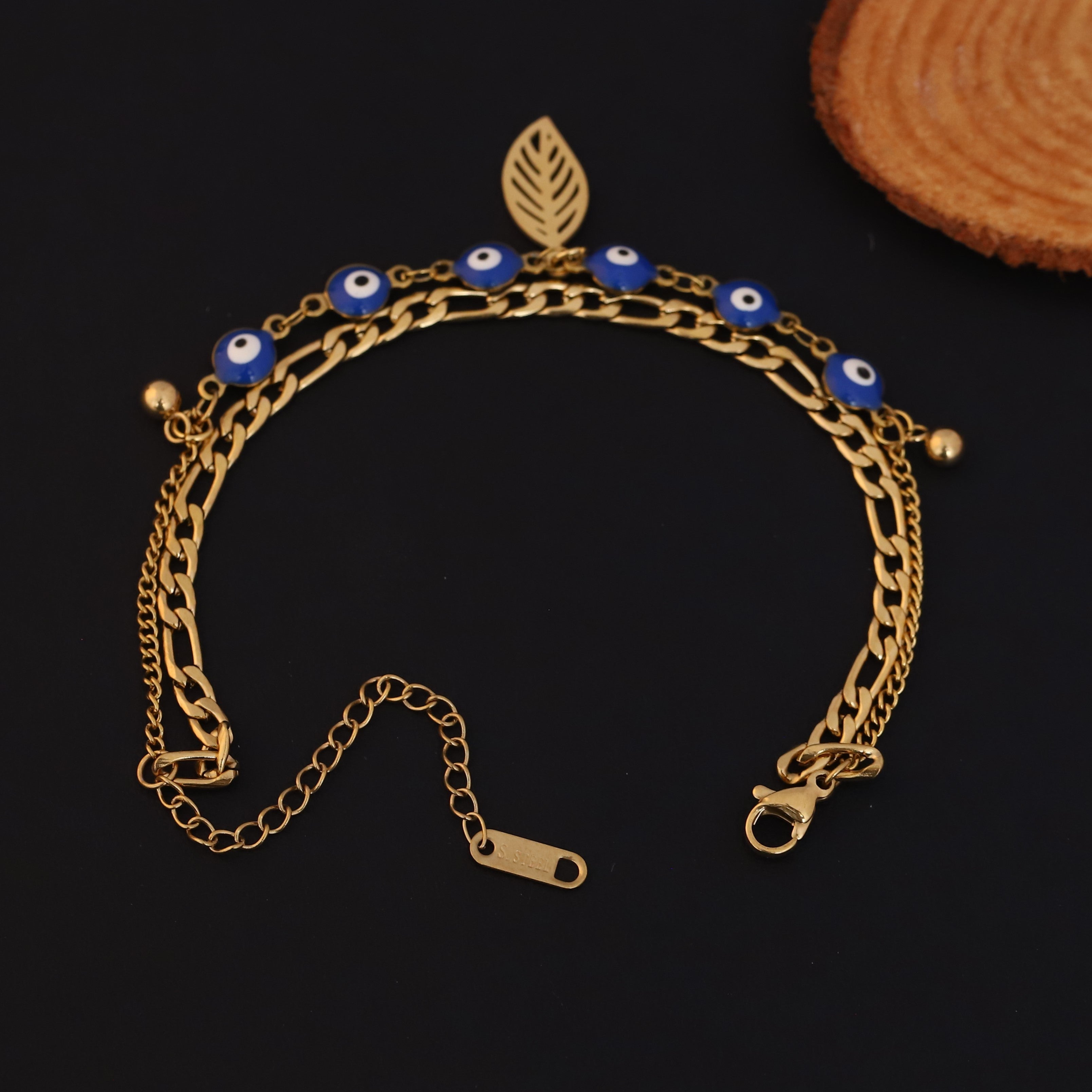Leaf & Evil Eye Chain Bracelet Gold Plated – Double Layer, Anti-Tarnish, Waterproof(GOLD)