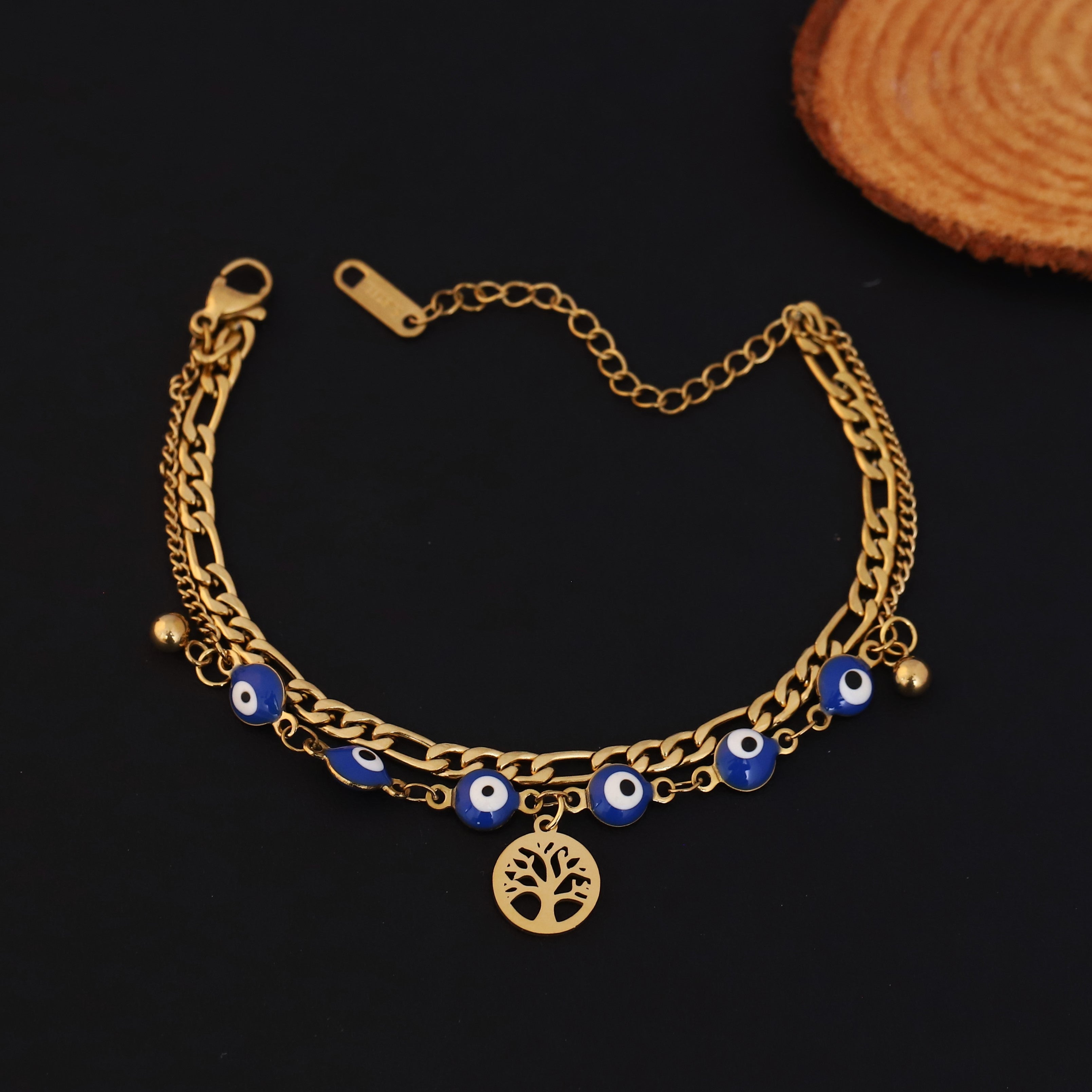 Life Tree & Evil Eye Chain Bracelet Gold Plated – Double Layer, Anti-Tarnish, Waterproof(GOLD)