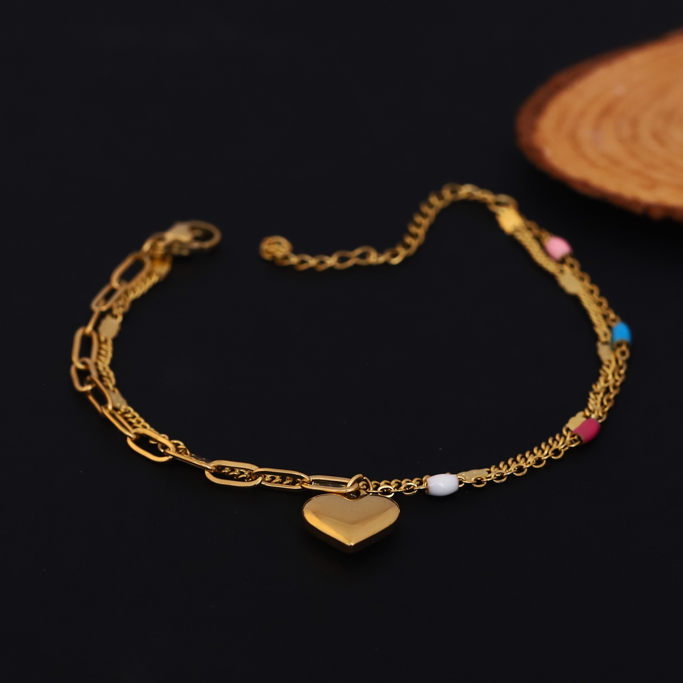 Heart Charm Chain Bracelet Gold Plated – Double Layer, Anti-Tarnish, Waterproof(GOLD)