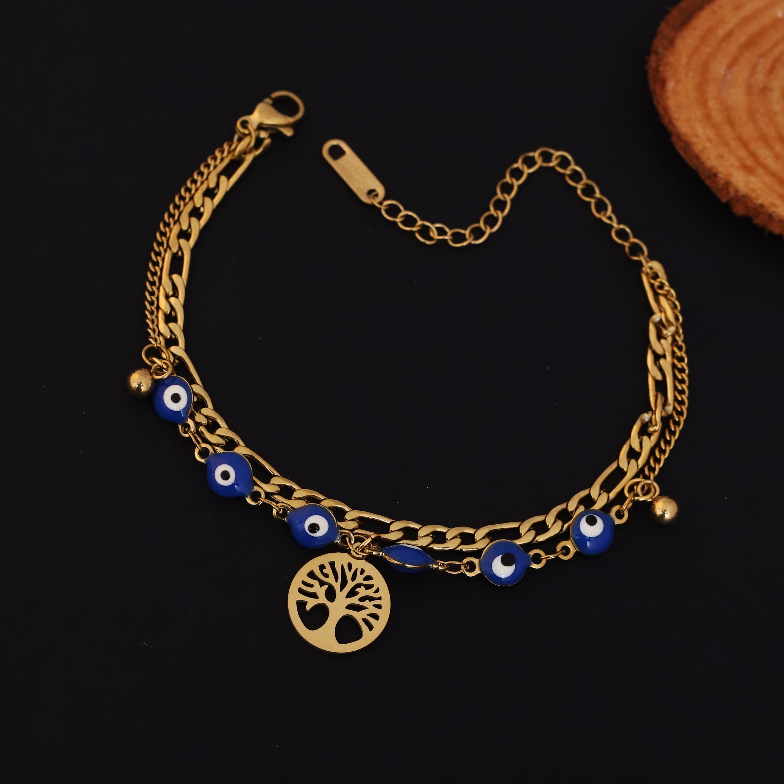 Life Tree & Evil Eye Chain Bracelet Gold Plated – Double Layer, Anti-Tarnish, Waterproof(GOLD)