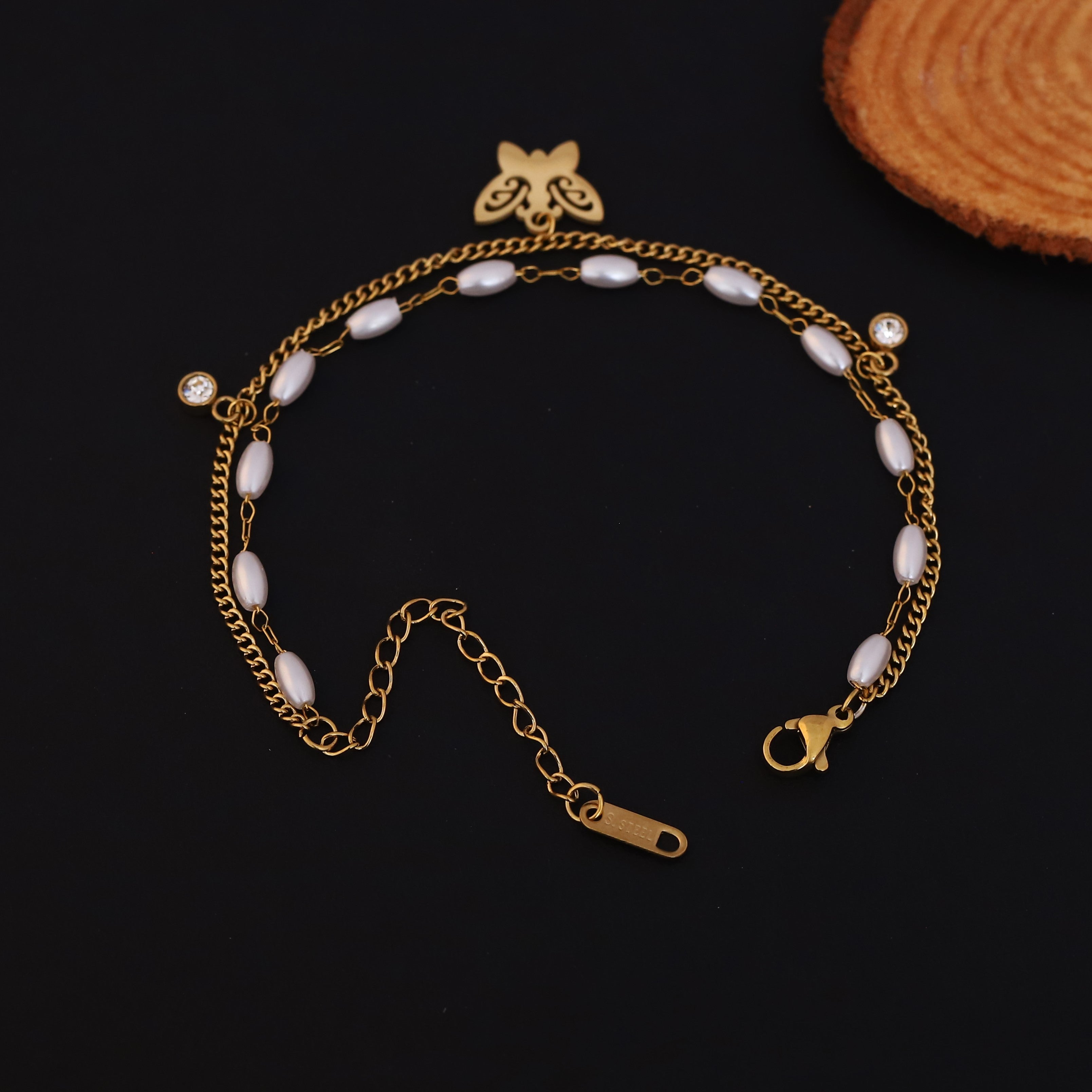 Butterfly Charm & Pearl Chain Bracelet Gold Plated – Double Layer, Anti-Tarnish, Waterproof, Minimalist Style (GOLD)