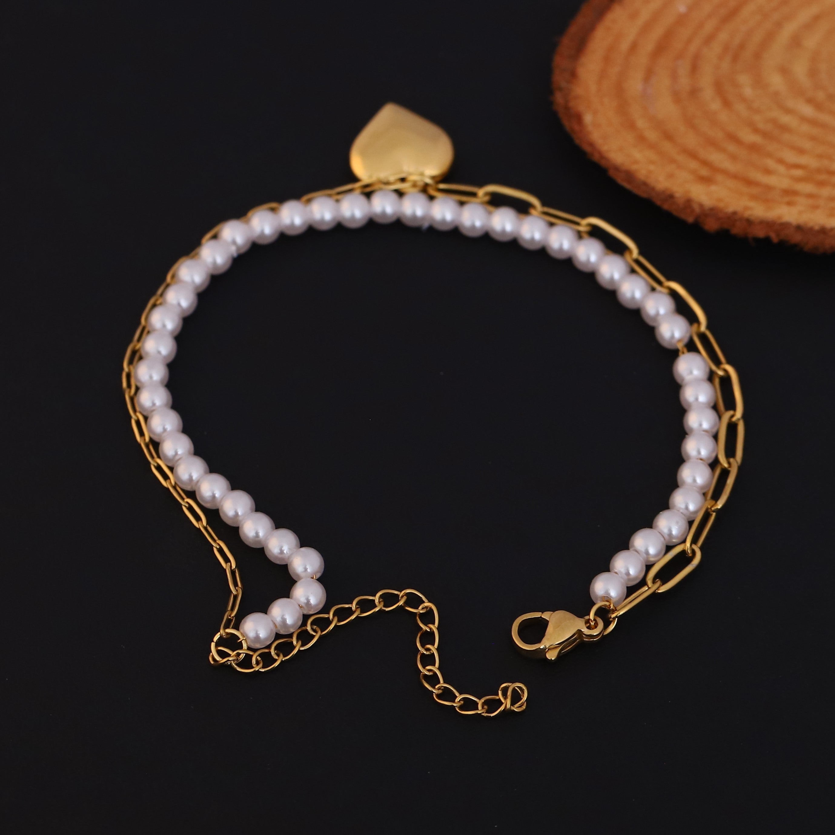 Heart Charm & Pearl Chain Bracelet Gold Plated – Double Layer, Anti-Tarnish, Waterproof, Minimalist Style (GOLD)