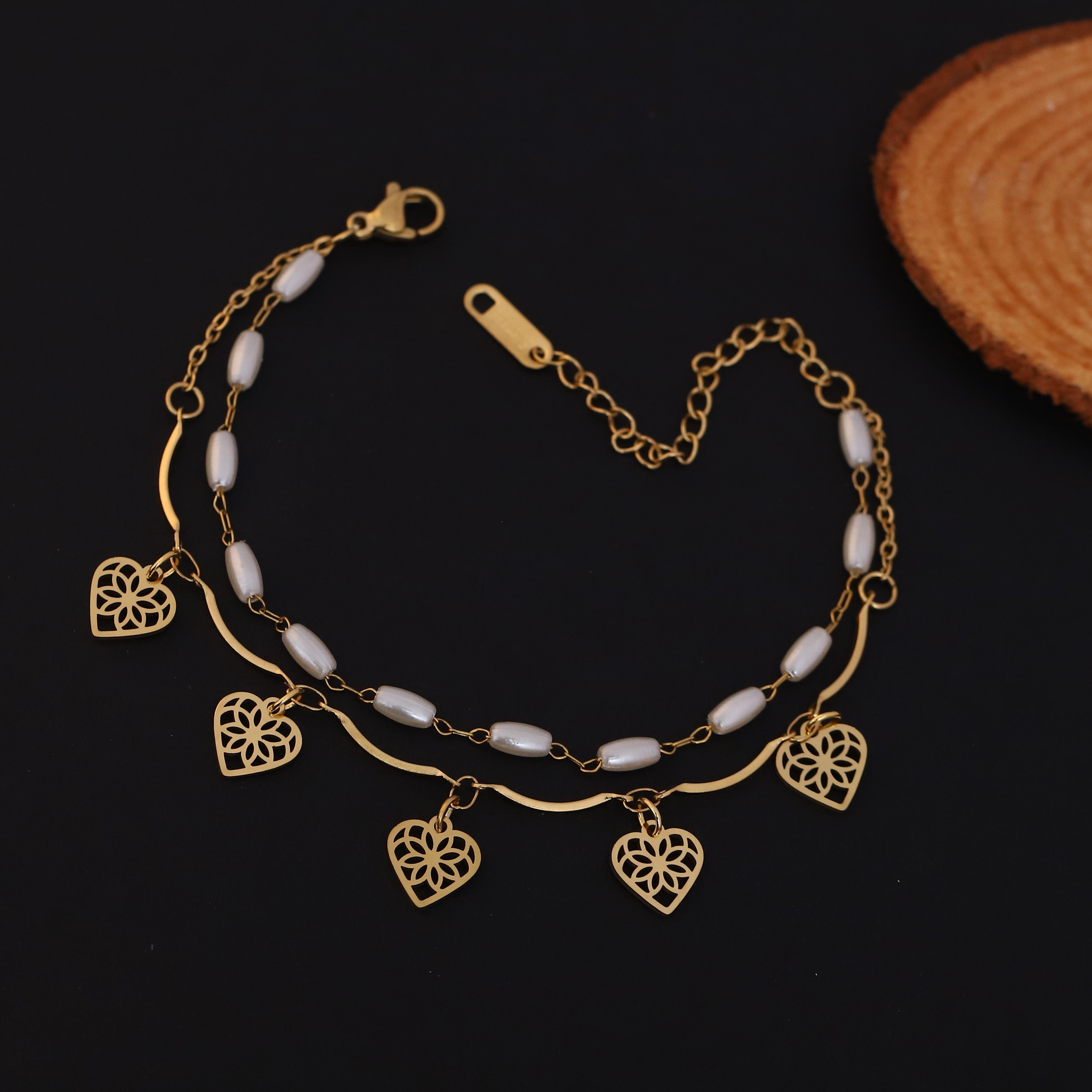 Heart Charm & Pearl Chain Bracelet Gold Plated – Double Layer, Anti-Tarnish, Waterproof, Minimalist Style (GOLD)