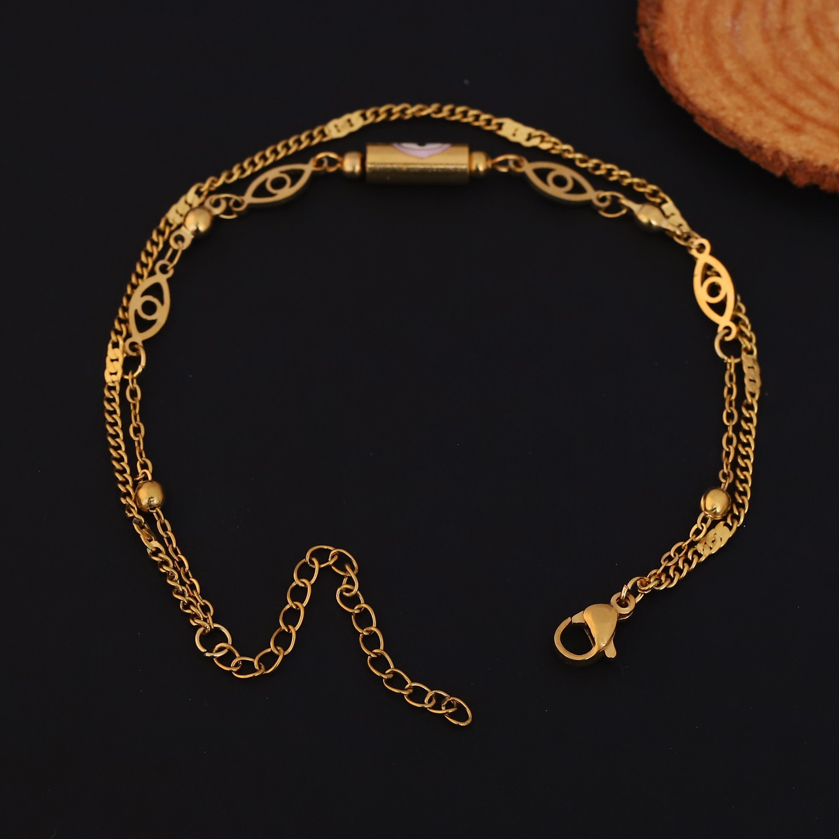 Evil Eye Charm & Pearl Chain Bracelet Gold Plated – Double Layer, Anti-Tarnish, Waterproof, Minimalist Style (GOLD)