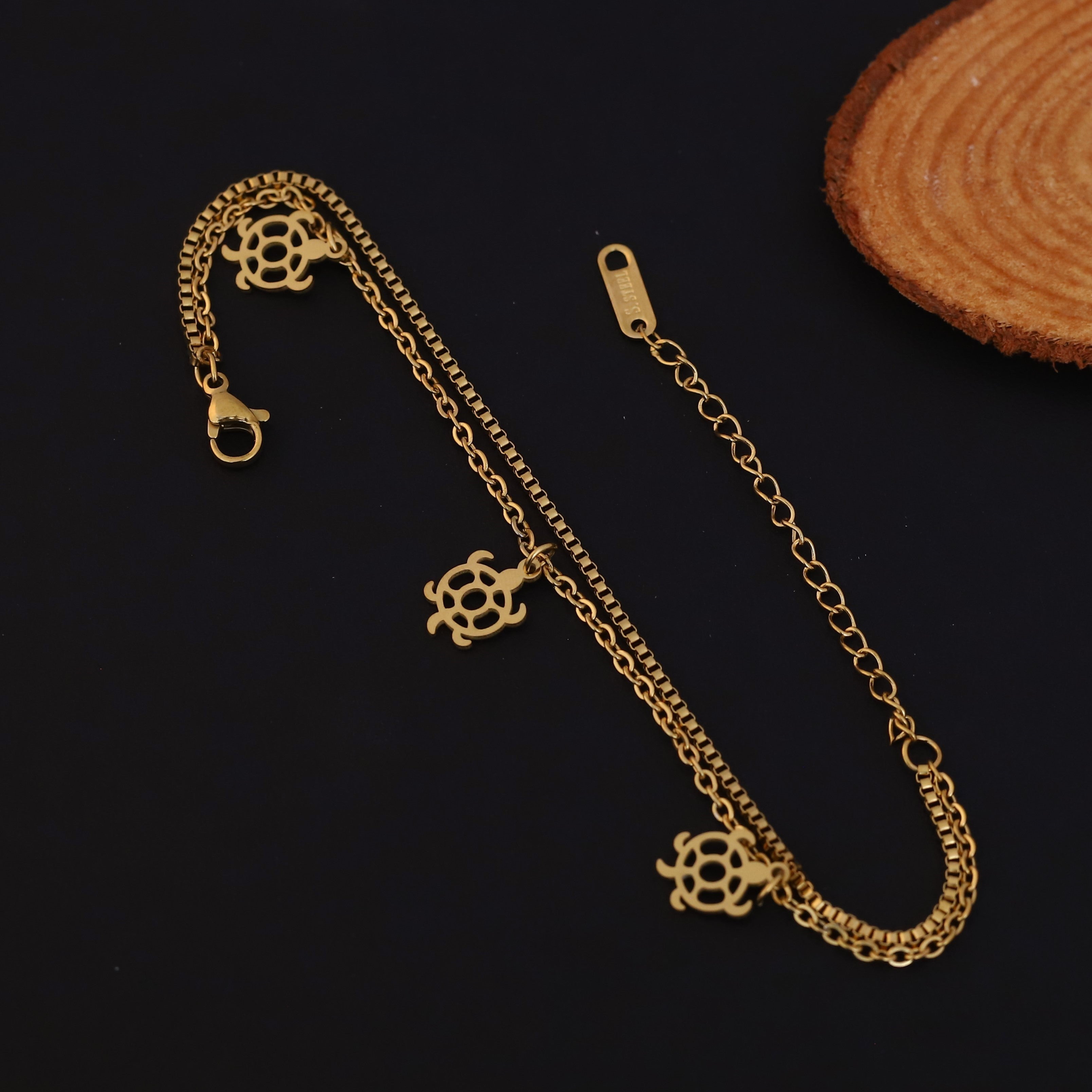 Turtle Charms Chain Bracelet Gold Plated – Double Layer, Anti-Tarnish, Waterproof, Minimalist Style (GOLD)