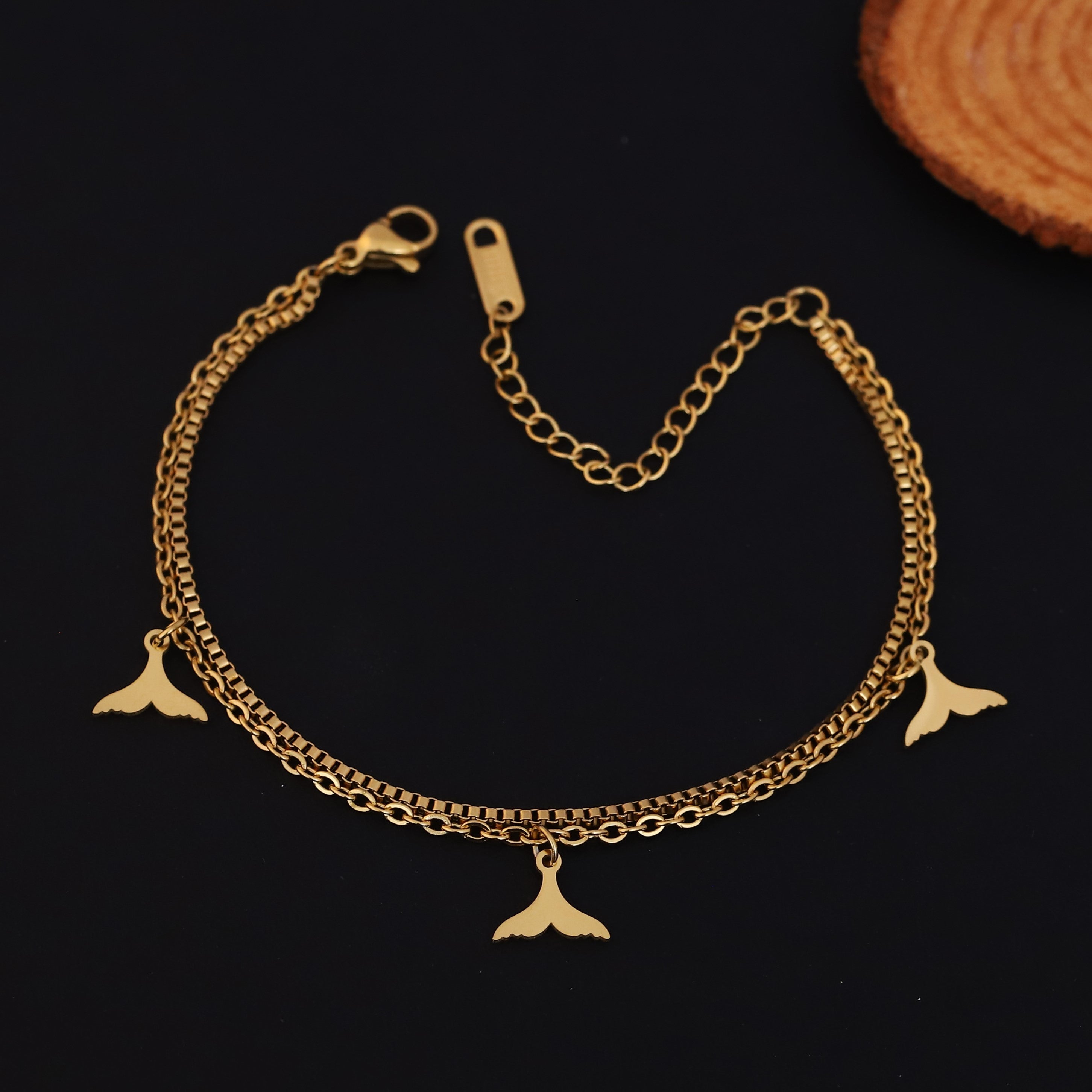 Fish Wings Charm & Pearl Chain Bracelet Gold Plated – Double Layer, Anti-Tarnish, Waterproof, Minimalist Style (GOLD)
