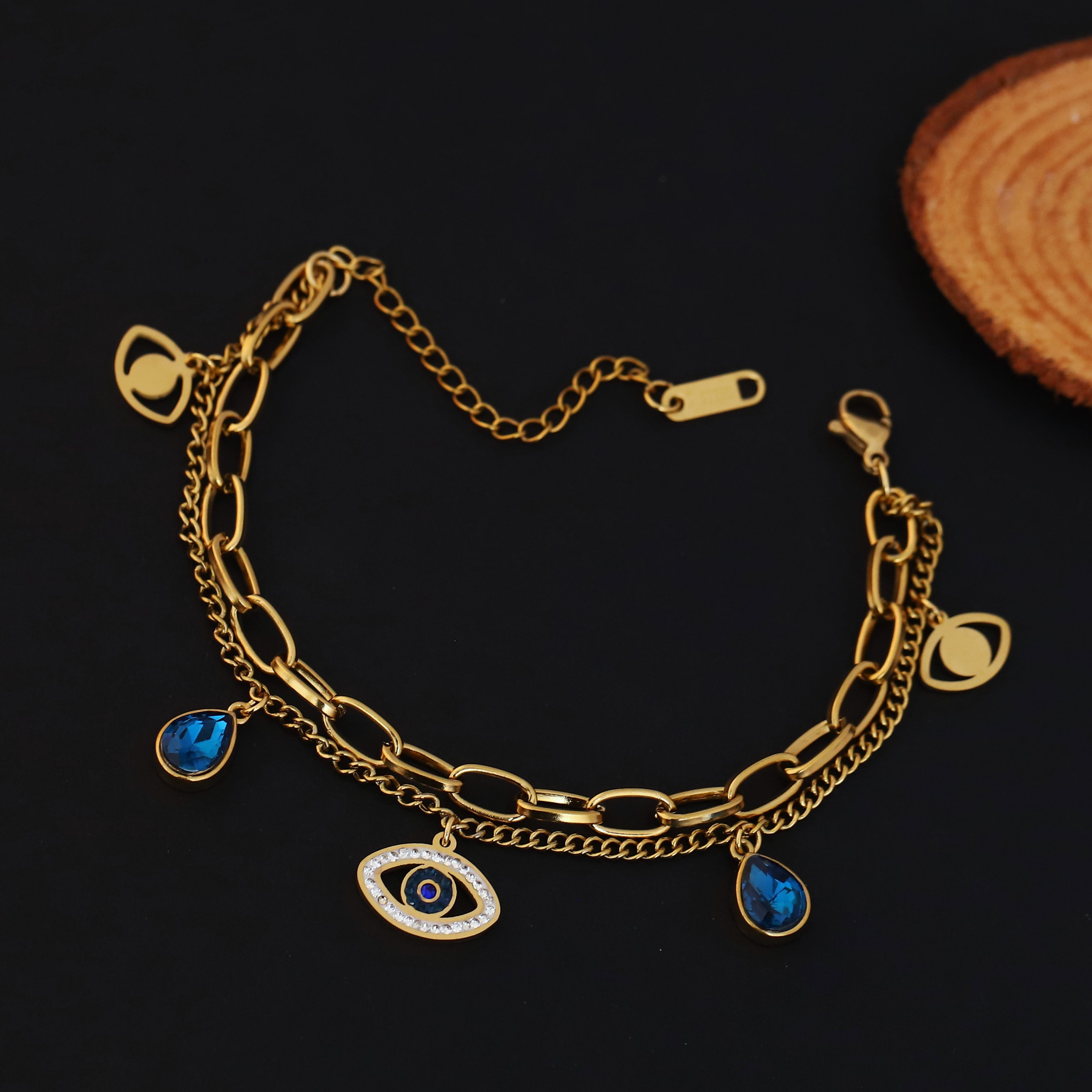 Evil Eye Chain Bracelet Gold Plated – Double Layer, Anti-Tarnish, Waterproof, Minimalist Style (GOLD)