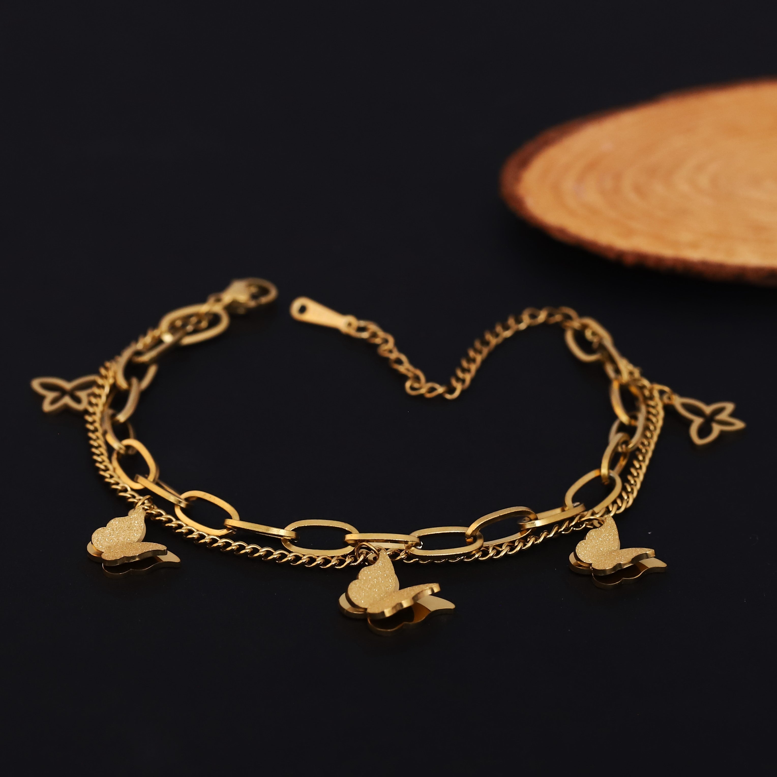 Butterfly Charms Chain Bracelet Gold Plated – Double Layer, Anti-Tarnish, Waterproof, Minimalist Style (GOLD)