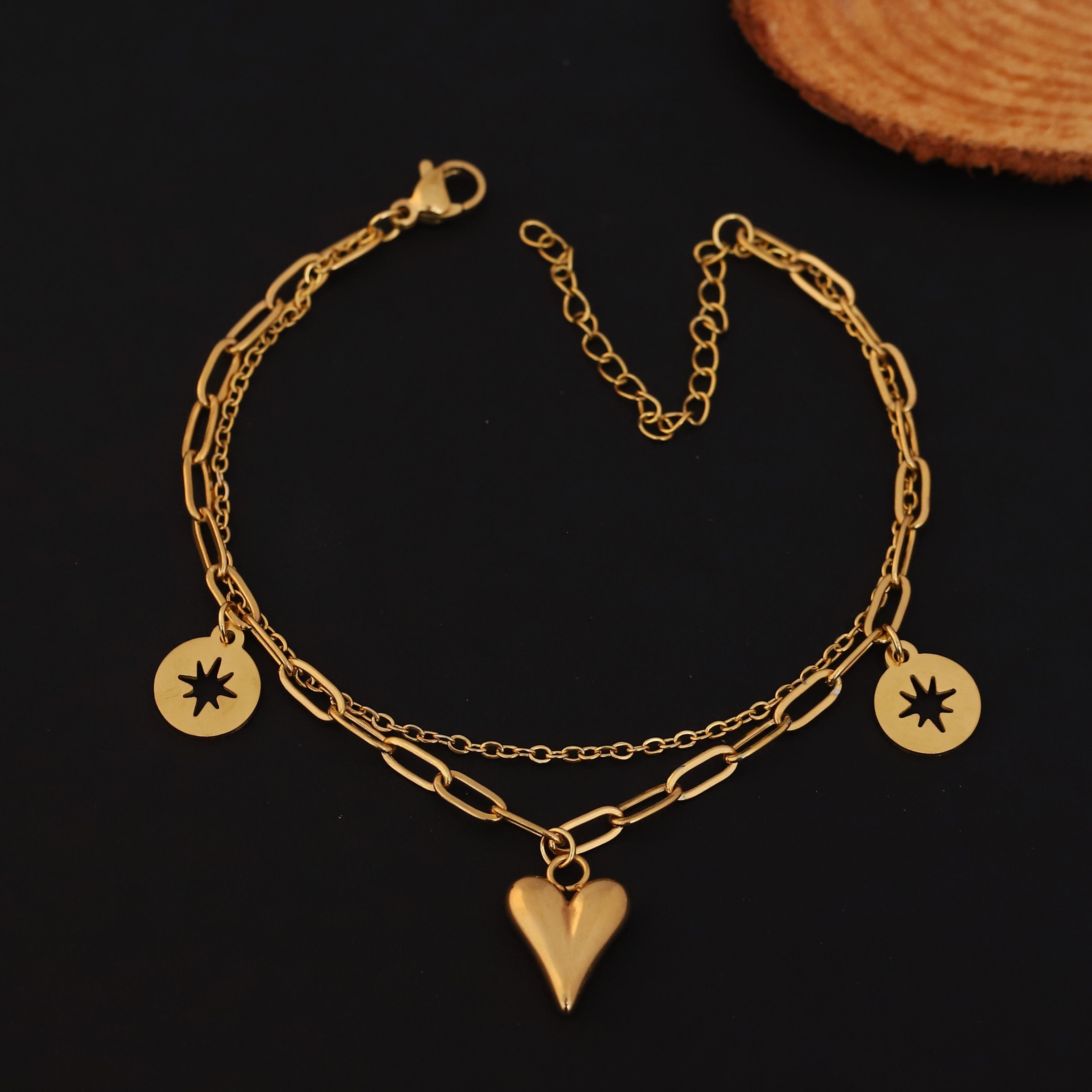 Heart Charms Chain Bracelet Gold Plated – Double Layer, Anti-Tarnish, Waterproof, Minimalist Style (GOLD)
