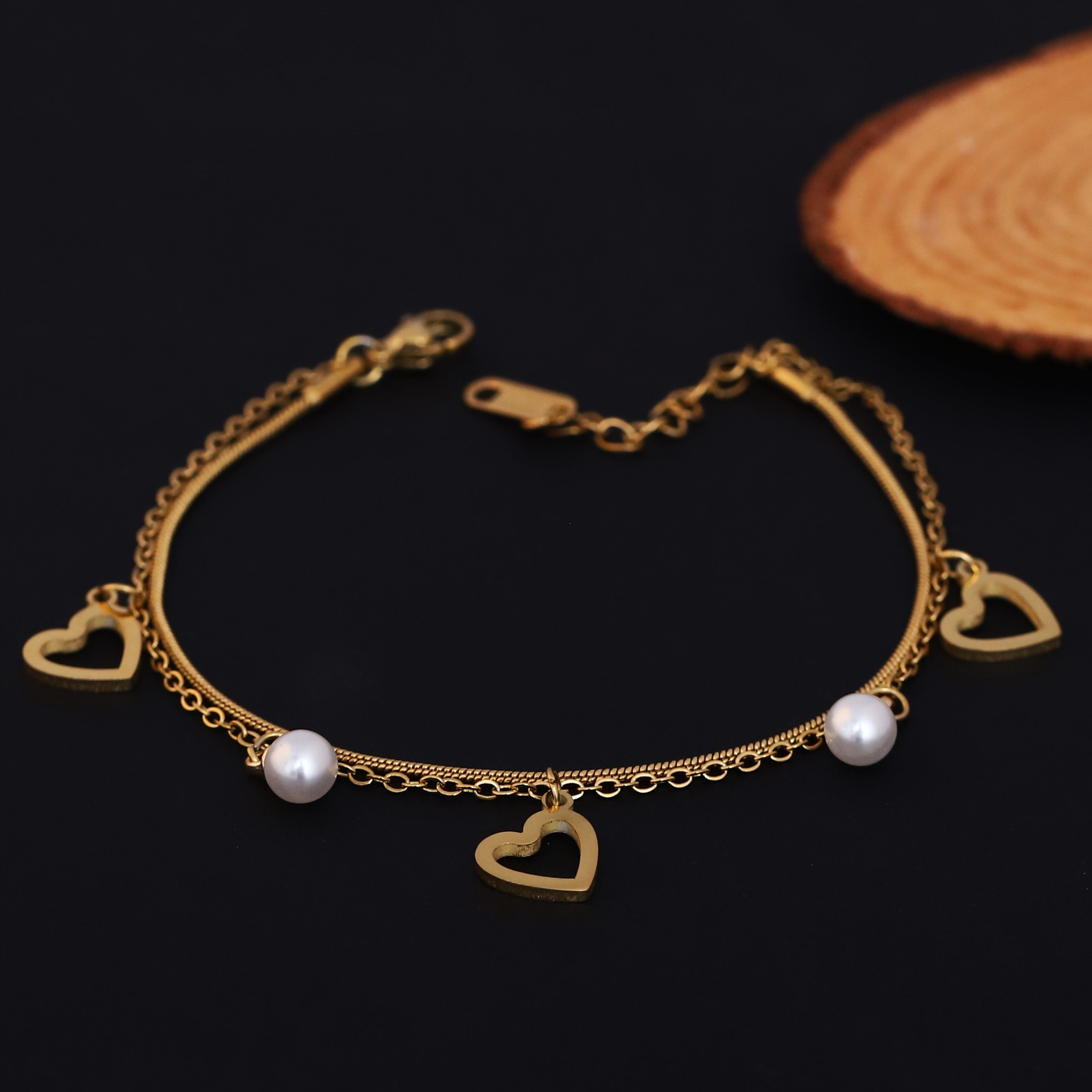 Heart Charms Chain Bracelet Gold Plated – Double Layer, Anti-Tarnish, Waterproof, Minimalist Style (GOLD)