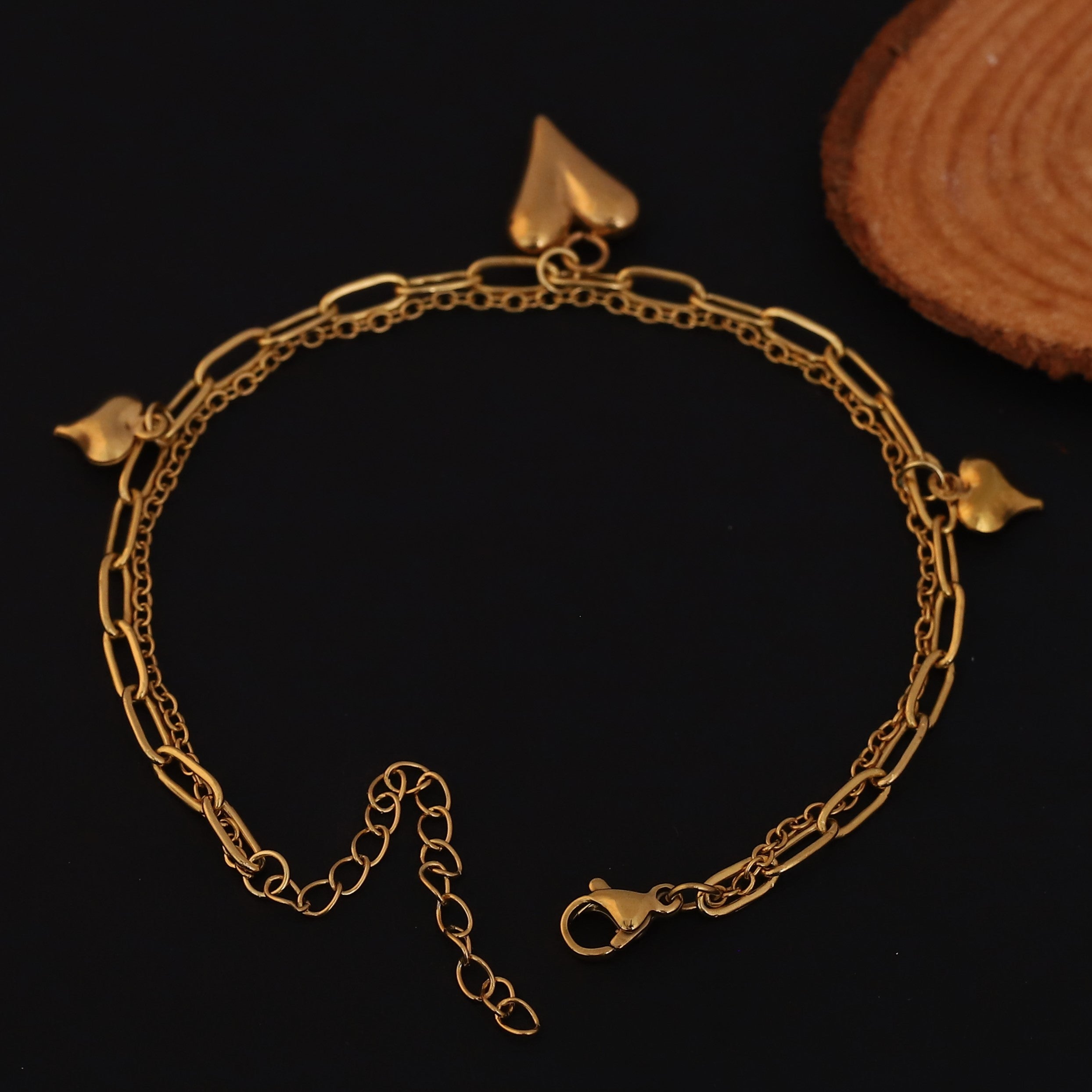 Heart Charms Chain Bracelet Gold Plated – Double Layer, Anti-Tarnish, Waterproof, Minimalist Style (GOLD)