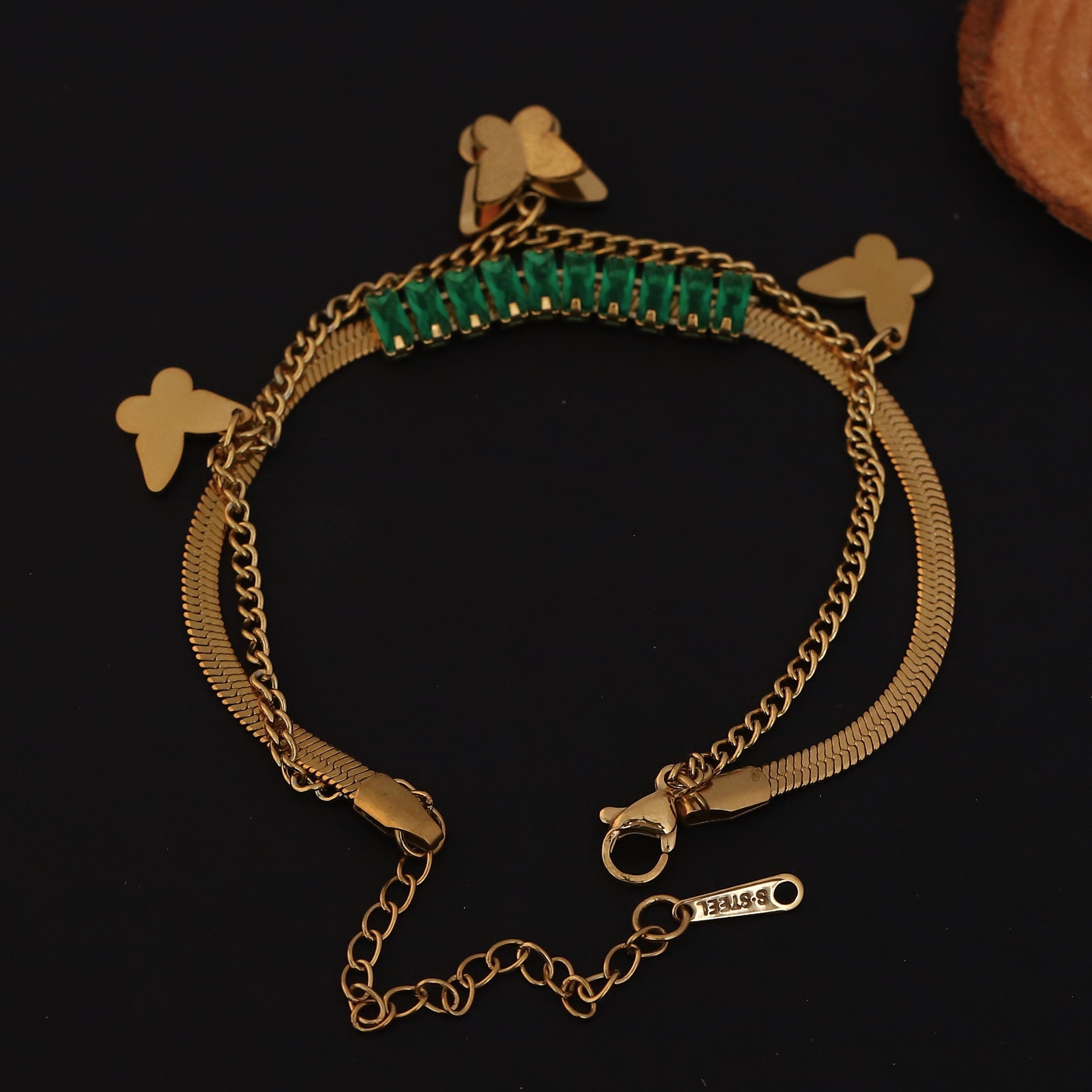 Butterfly Charms Green Stones Chain Bracelet Gold Plated – Double Layer, Anti-Tarnish, Waterproof, Minimalist Style (GOLD)