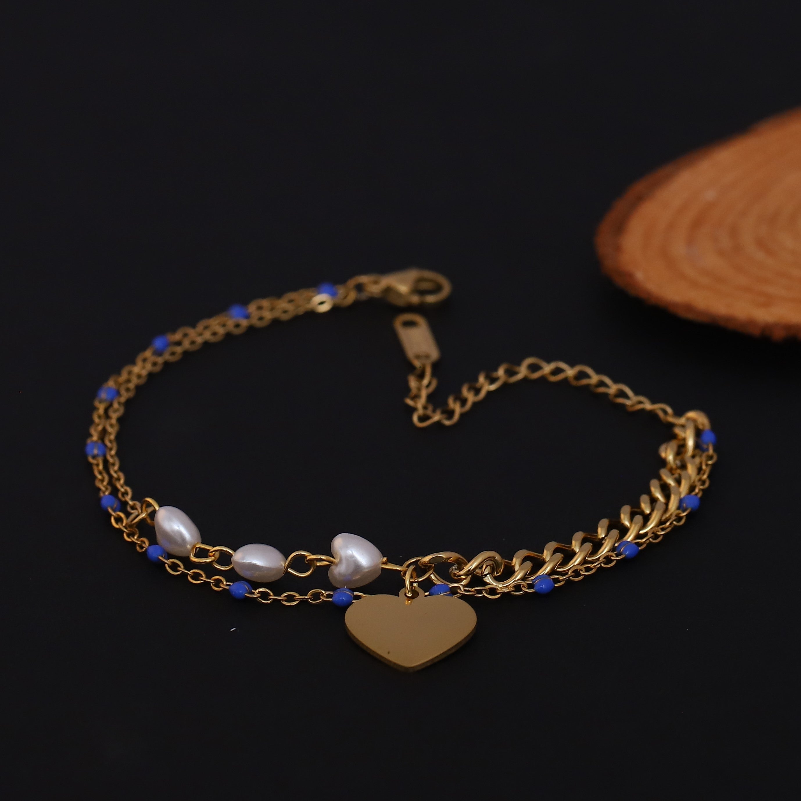 Heart Charm Pearl Chain Bracelet Gold Plated – Double Layer, Anti-Tarnish, Waterproof(GOLD)