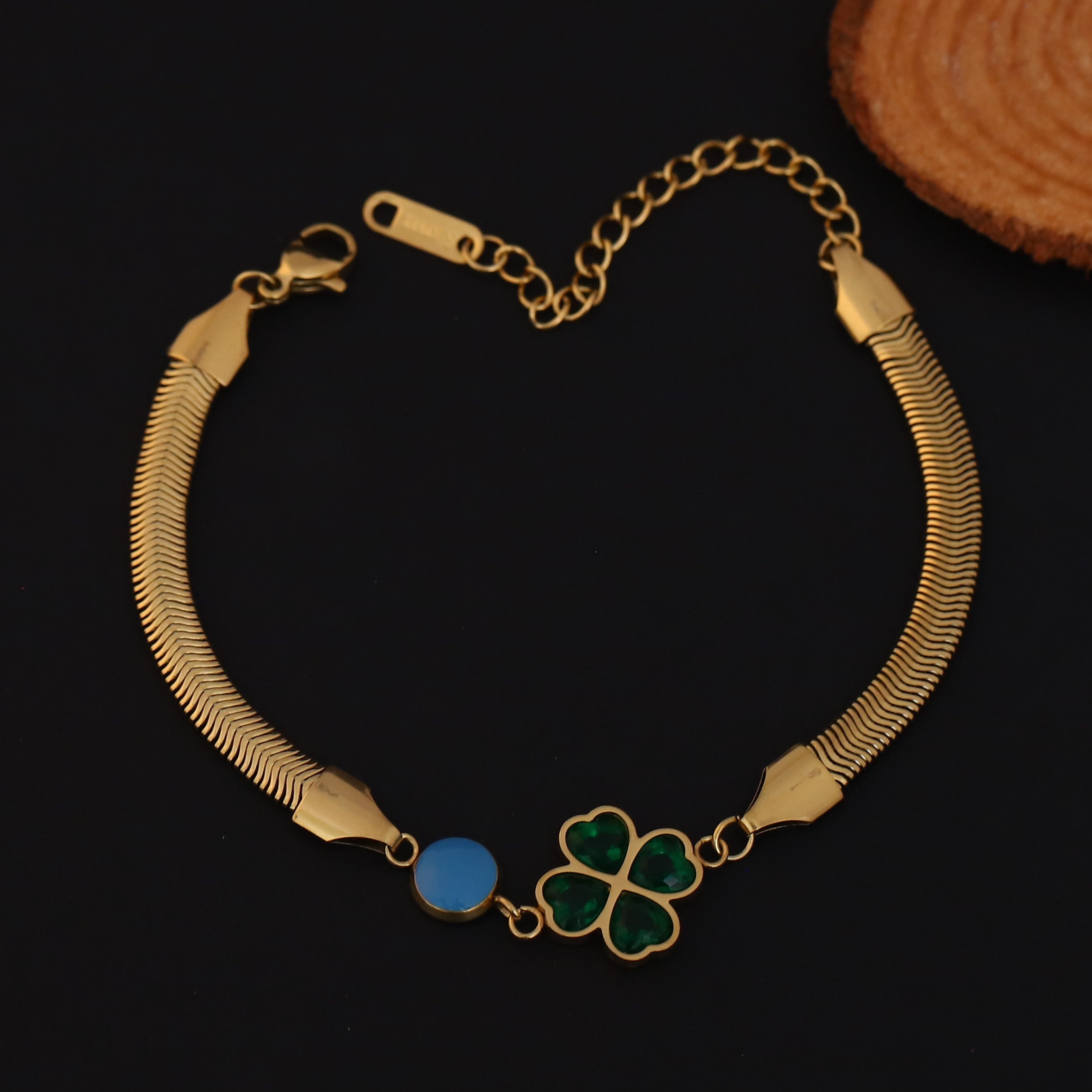 Flower Green Stone Snake Chain Bracelet Gold Plated – Double Layer, Anti-Tarnish, Waterproof, Minimalist Style (GOLD)