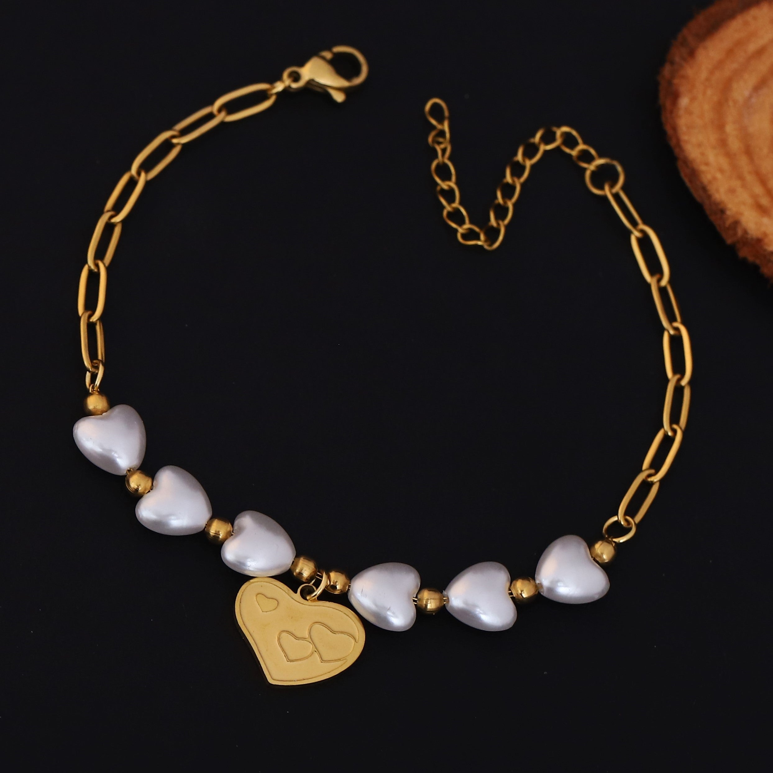 Heart Charm & Pearl Chain Bracelet Gold Plated – Double Layer, Anti-Tarnish, Waterproof, Minimalist Style (GOLD)