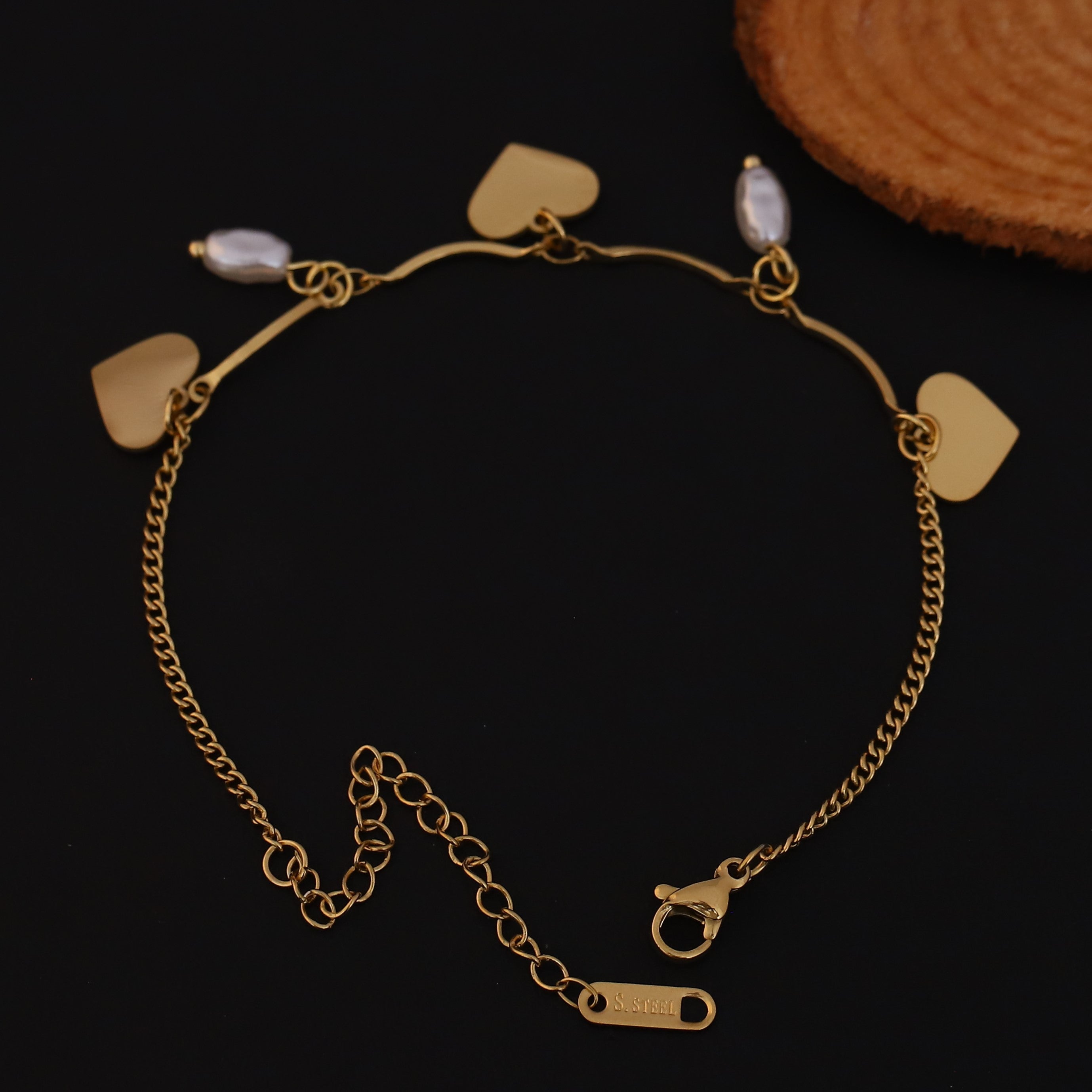 Heart Charm & Pearl Chain Bracelet Gold Plated – Single Layer, Anti-Tarnish, Waterproof, Minimalist Style (GOLD)