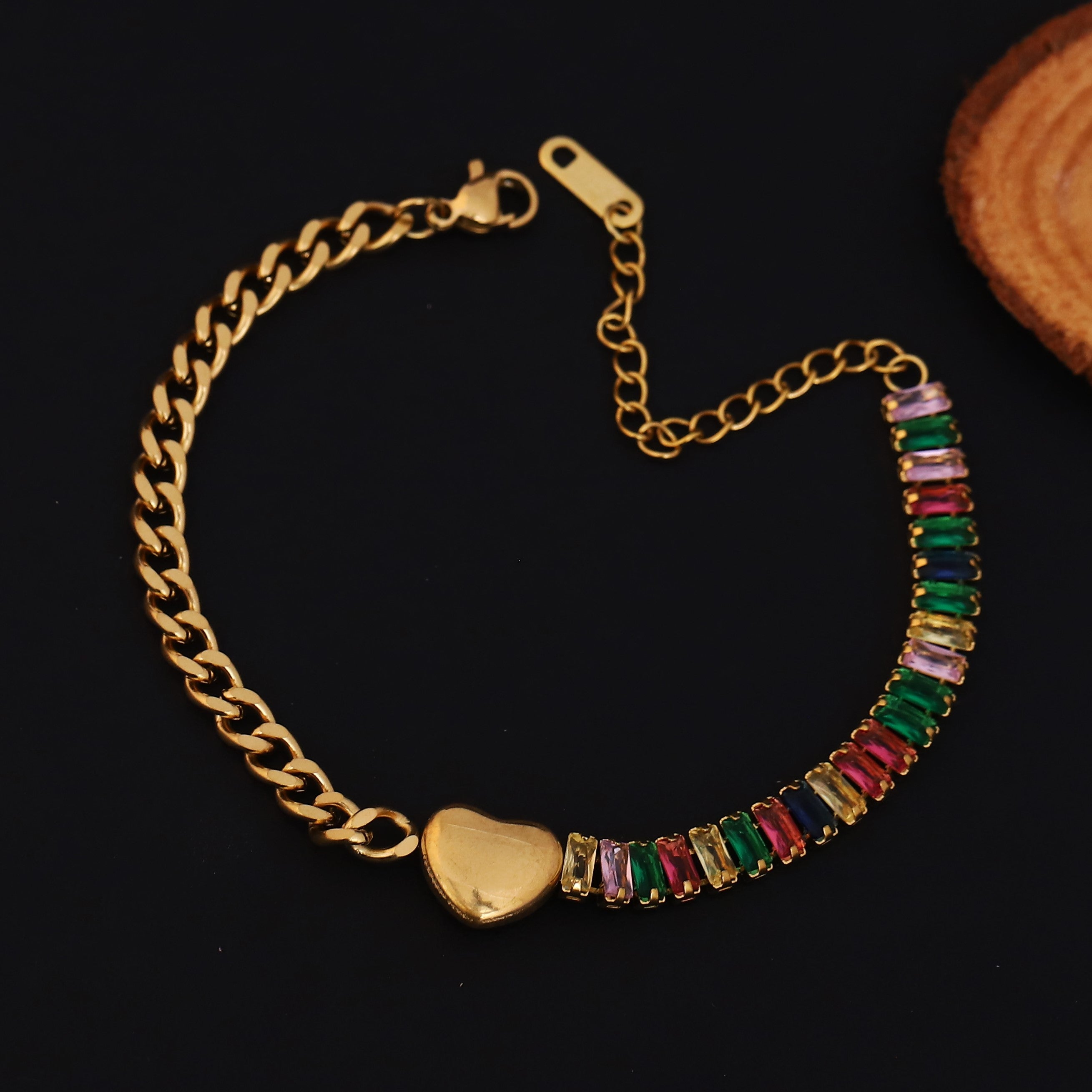 Heart with Multi Color Stones Chain Bracelet Gold Plated – Single Layer, Anti-Tarnish, Waterproof, Minimalist Style (GOLD)