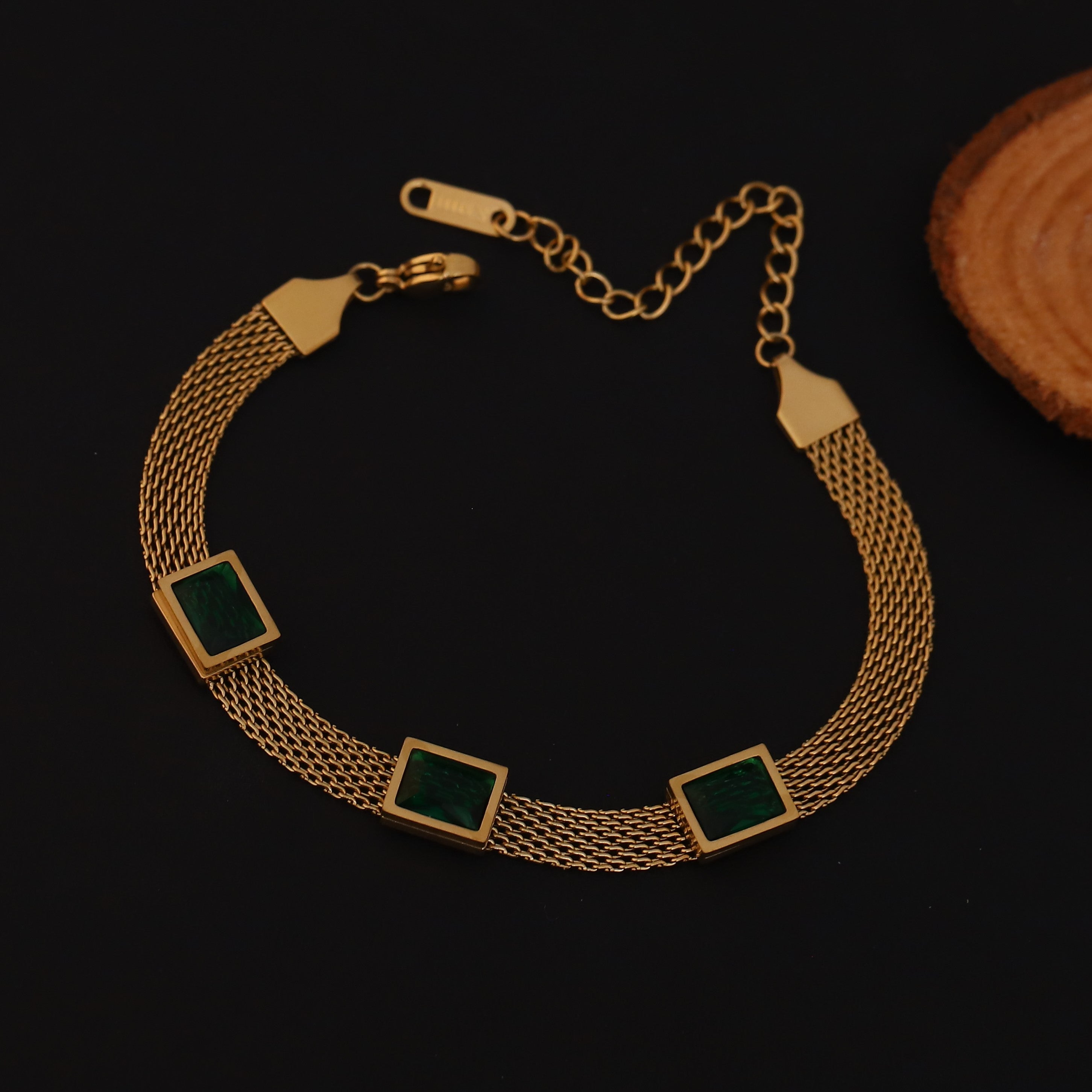 Honey Comb Green Stones Chain Bracelet Gold Plated – Single Layer, Anti-Tarnish, Waterproof (GOLD)