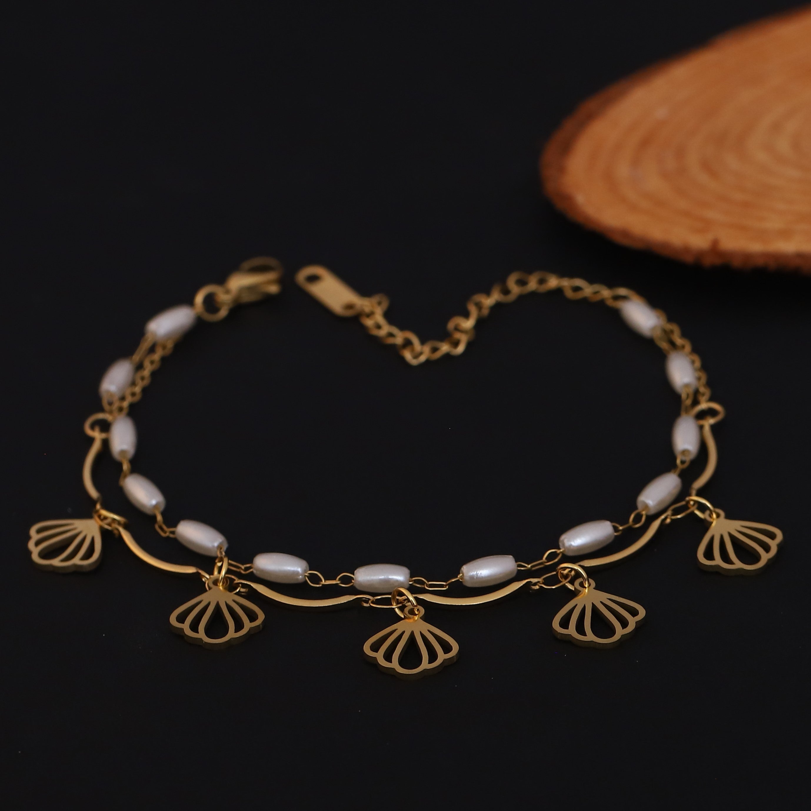 Shell Charm & Pearl Chain Bracelet Gold Plated – Double Layer, Anti-Tarnish, Waterproof, Minimalist Style (GOLD)
