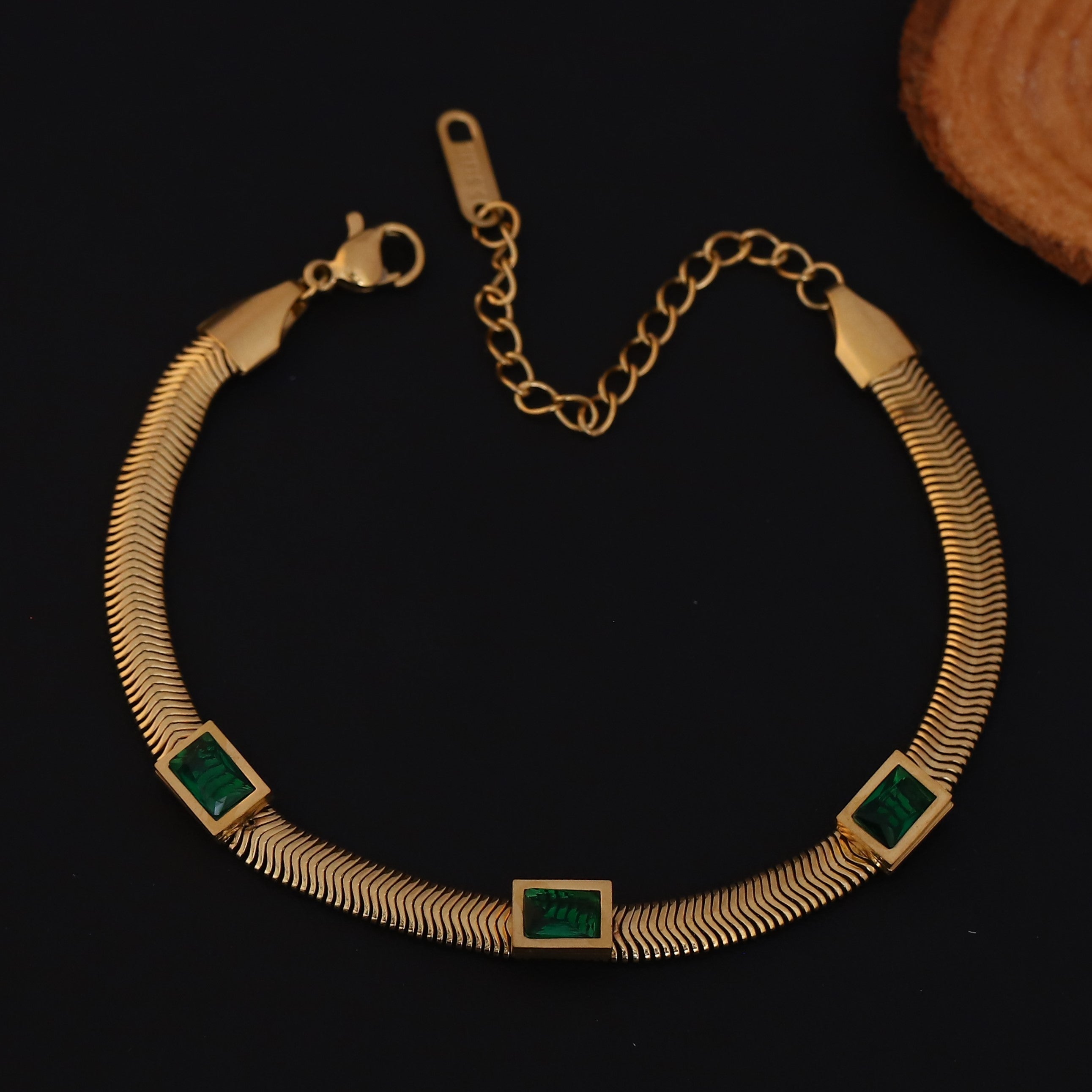 Honey Comb Green Stones Chain Bracelet Gold Plated – Single Layer, Anti-Tarnish, Waterproof (GOLD)