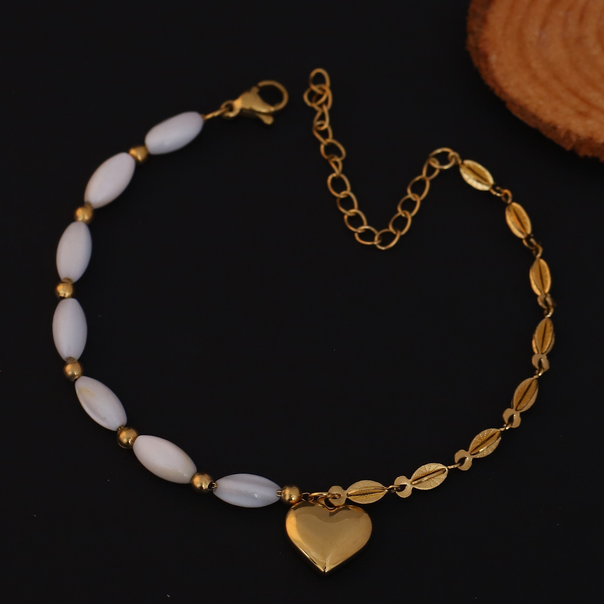 Heart Charm Pearl Chain Bracelet Gold Plated – Single Layer, Anti-Tarnish, Waterproof(GOLD)