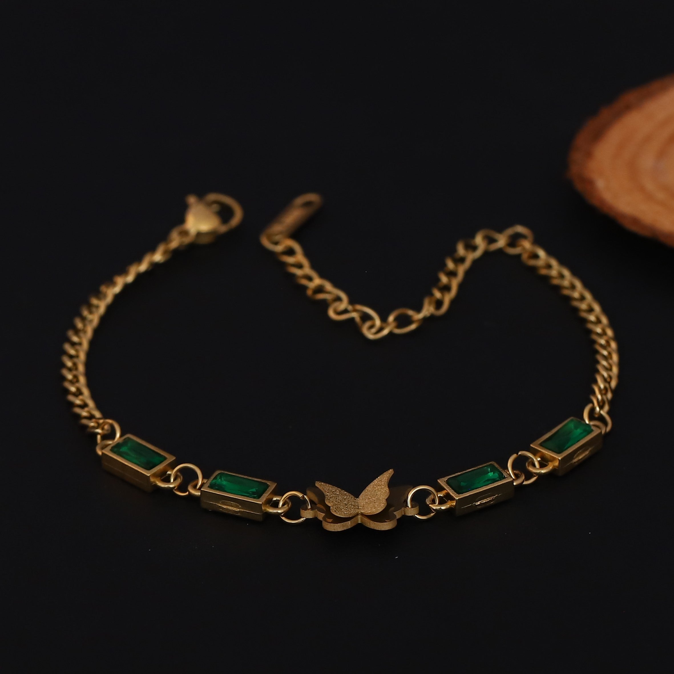 Butterfly Charms Green Stones Chain Bracelet Gold Plated – Single Layer, Anti-Tarnish, Waterproof (GOLD)