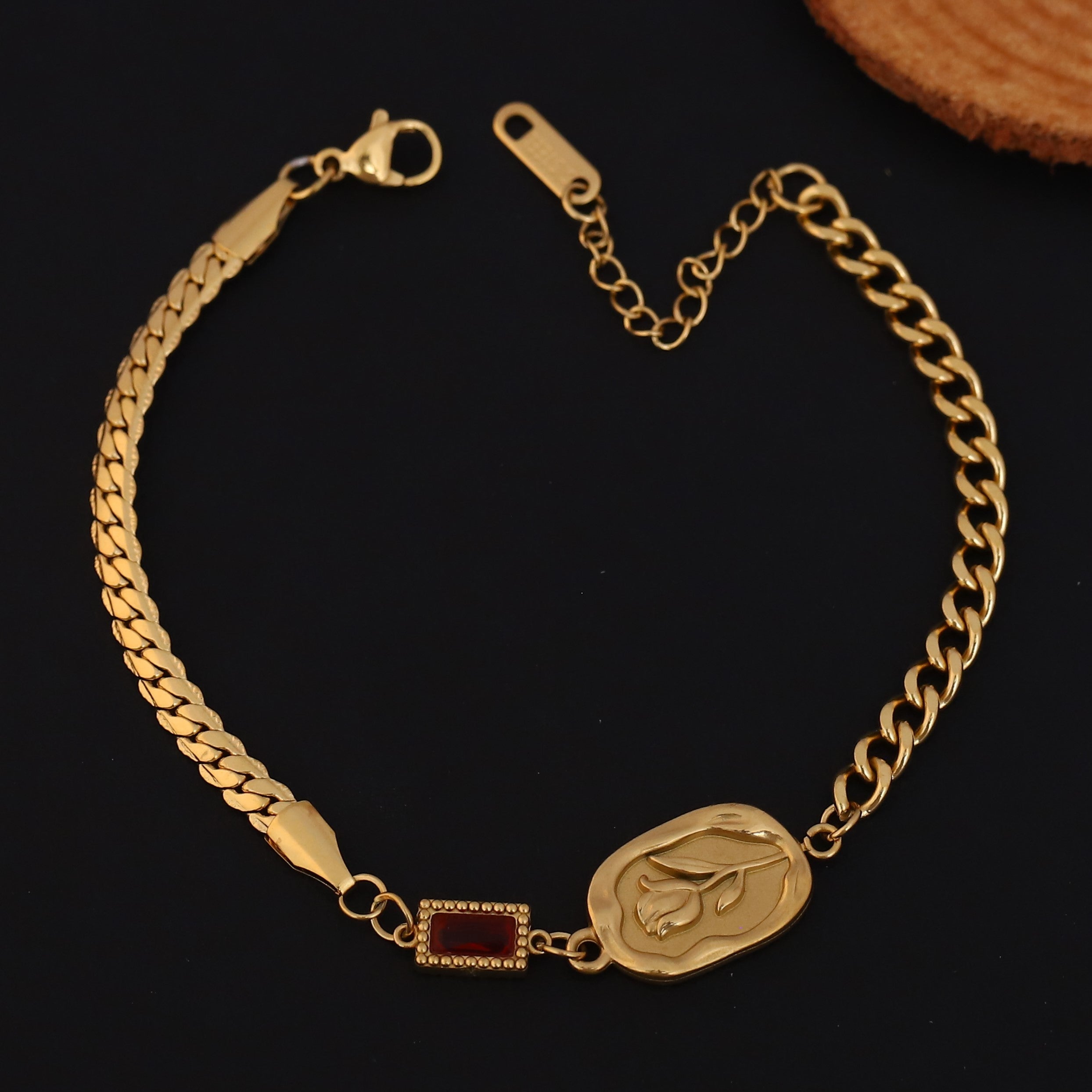 Rose Charm Red Stone Chain Bracelet Gold Plated – Double Layer, Anti-Tarnish, Waterproof, Minimalist Style (GOLD)