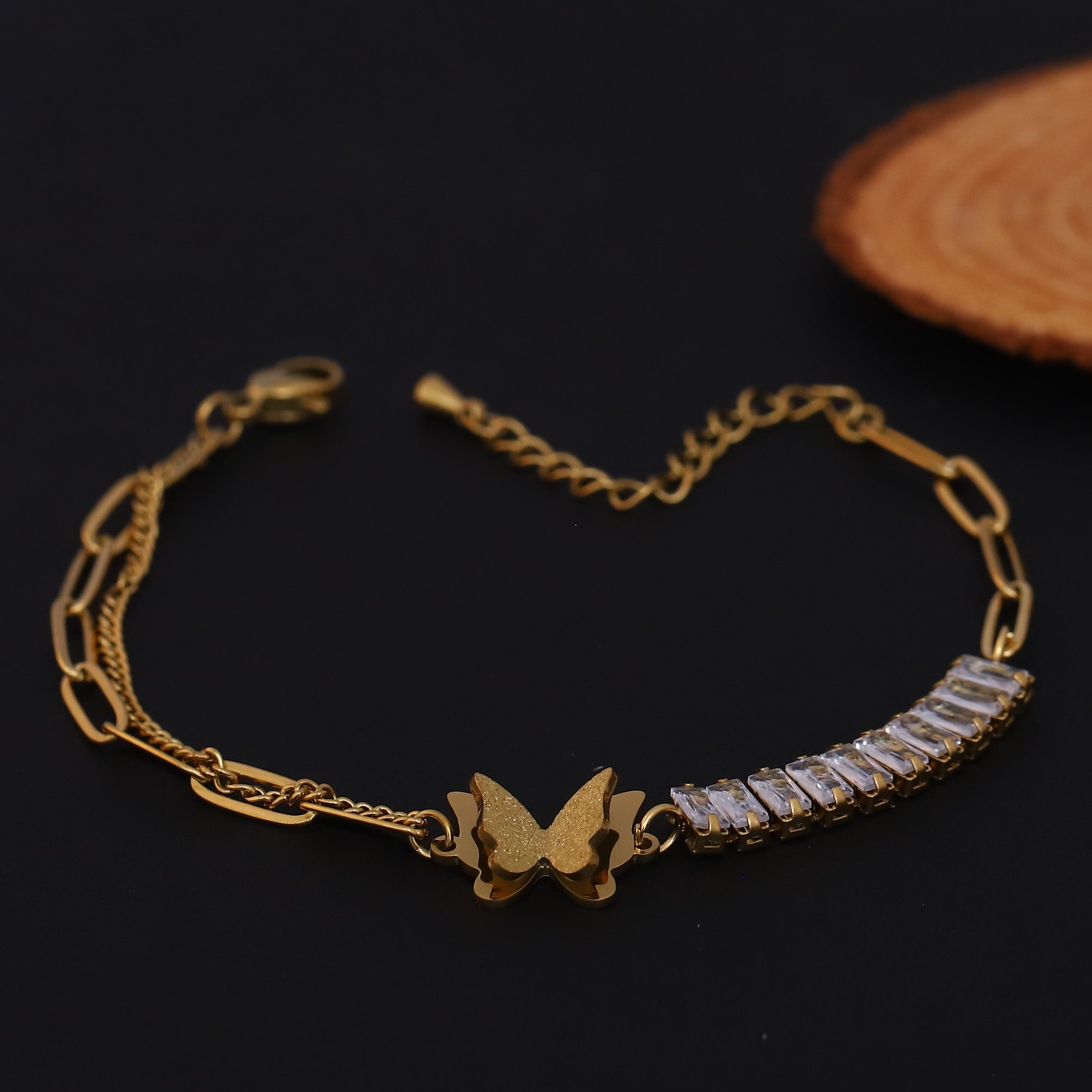 Butterfly White Color Stones Chain Bracelet Gold Plated – Single Layer, Anti-Tarnish, Waterproof, Minimalist Style (GOLD)