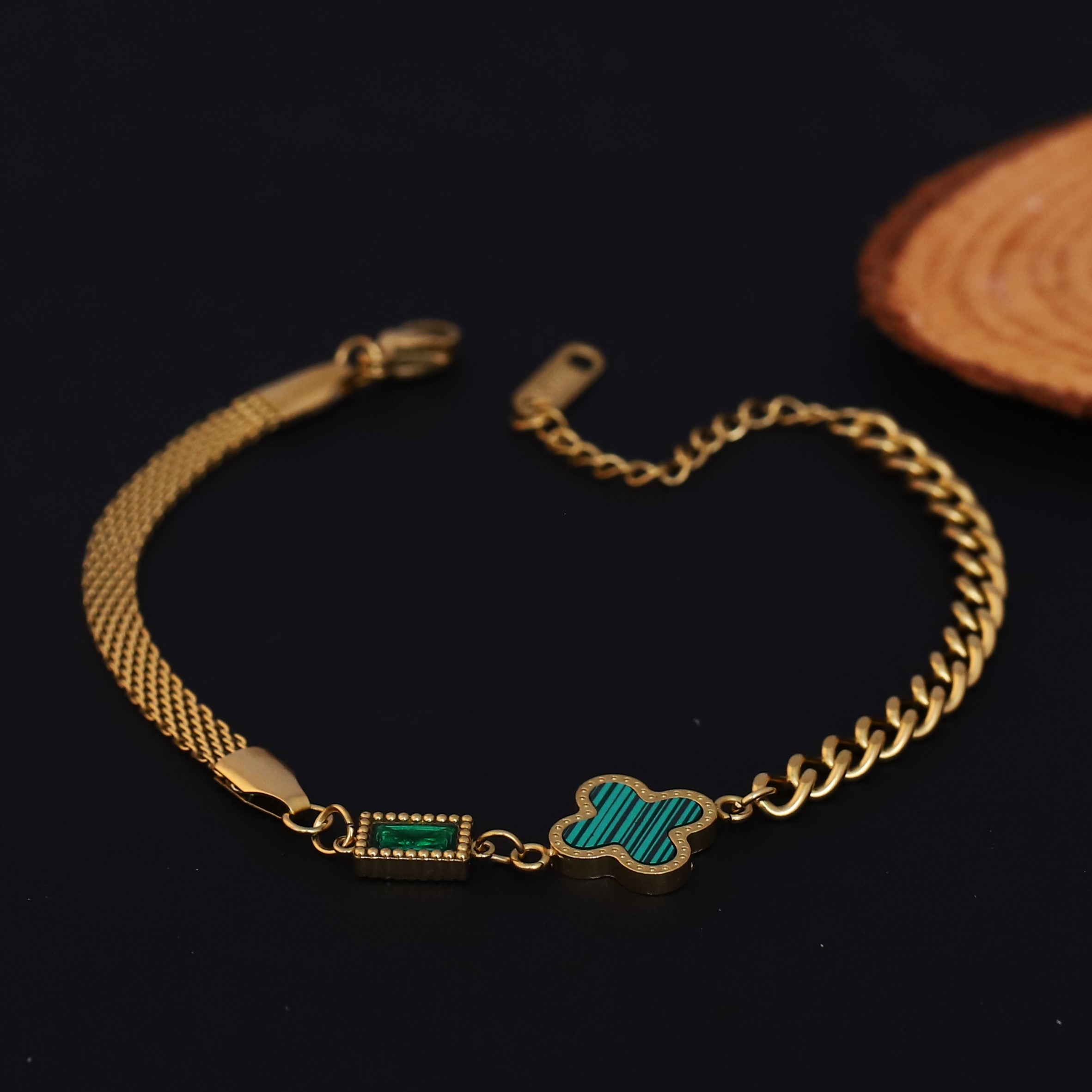 Charms Green Stone Chain Bracelet Gold Plated – Single Layer, Anti-Tarnish, Waterproof (GOLD)
