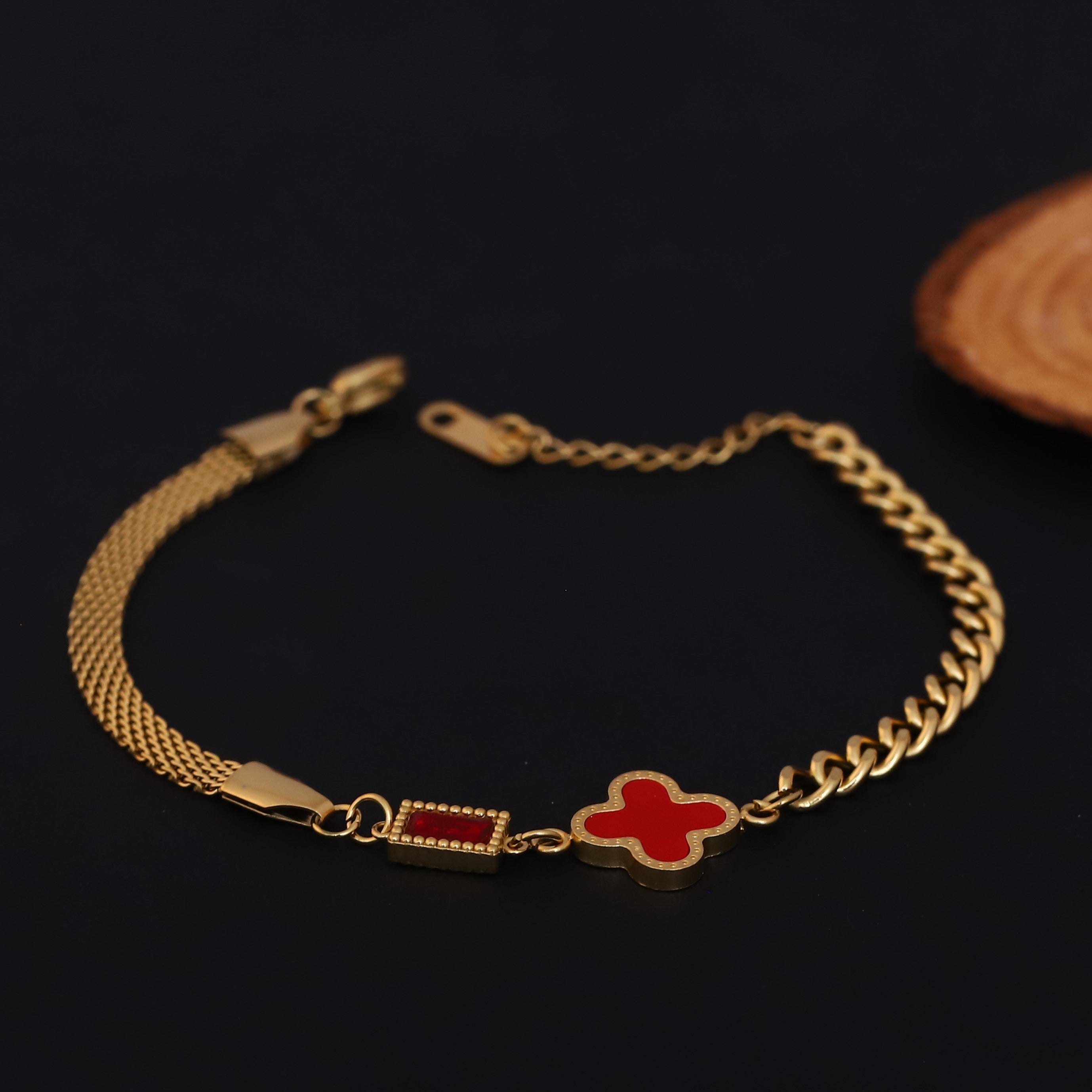 Charms Red Stone Chain Bracelet Gold Plated – Single Layer, Anti-Tarnish, Waterproof (GOLD)